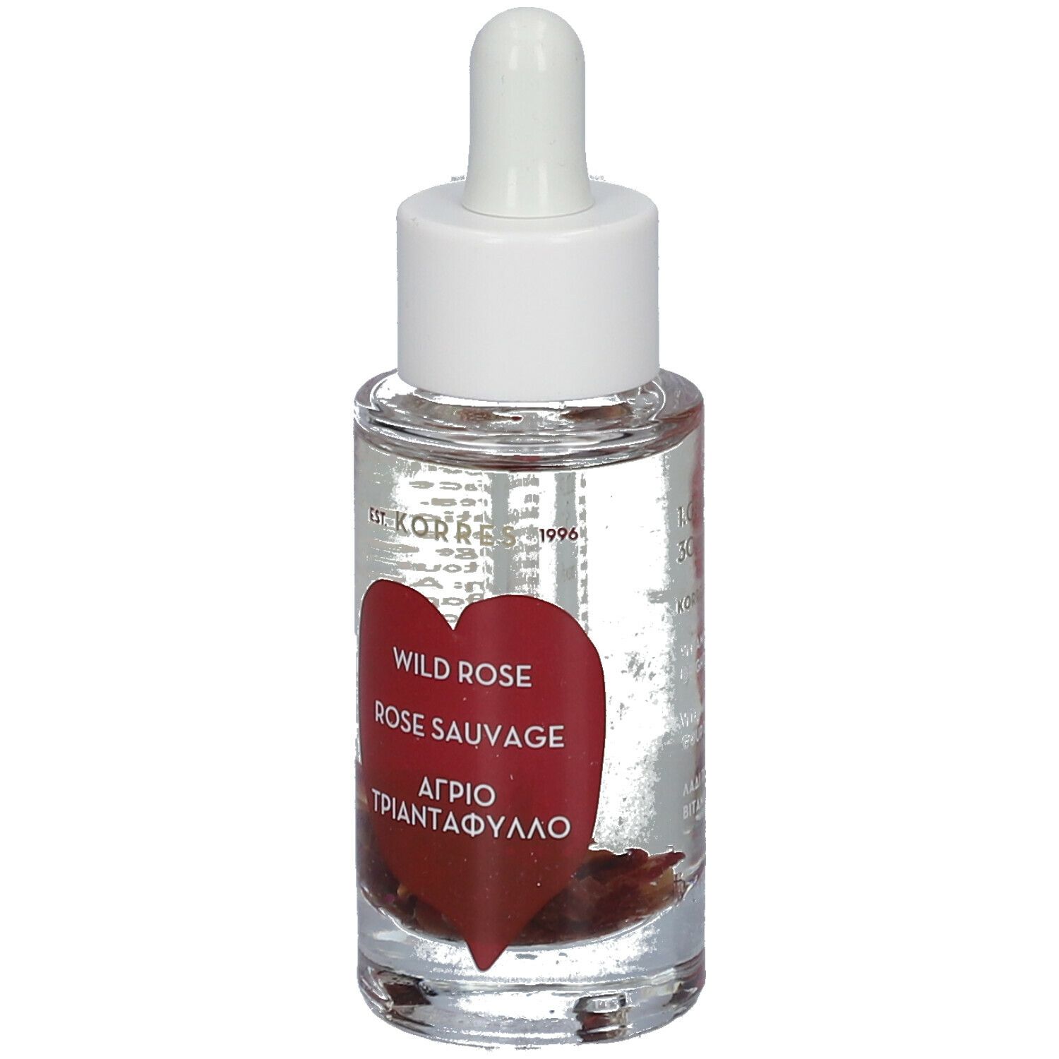 Klares Glasfläschchen mit weißem Deckel und Pipette. Roter Herzaufkleber mit Text. Wild Rose, Rose Sauvage, Αγριο Τριαντάφυλλο.