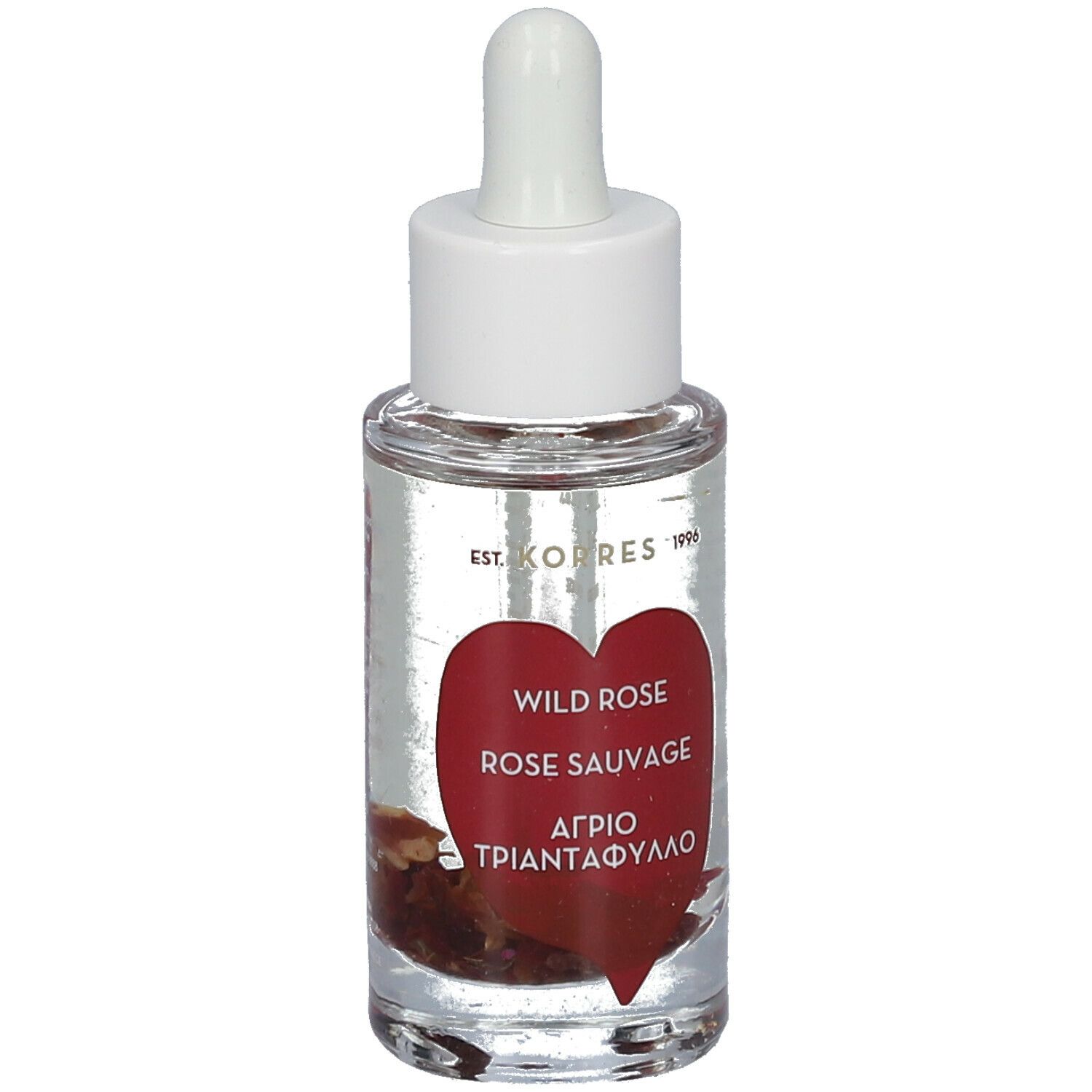 Klares Glasfläschchen mit weißem Deckel und Pipette. Roter Herzaufkleber mit Text. Wild Rose, Rose Sauvage, Αγριο Τριαντάφυλλο.