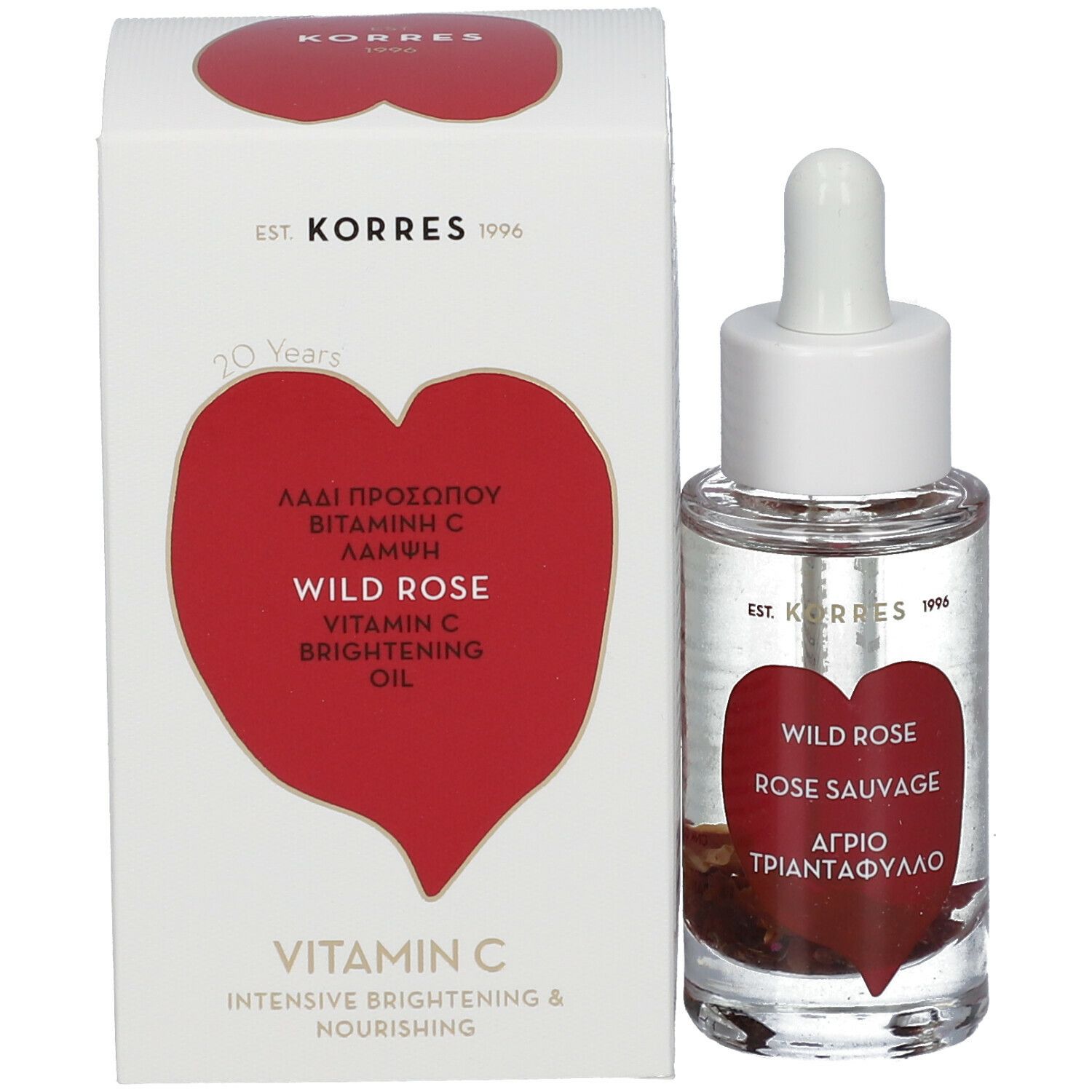 Produkt mit Verpackung. Flasche mit Pipette und Karton. Roter Herzaufkleber mit Text. Wild Rose, Vitamin C, KORRES.