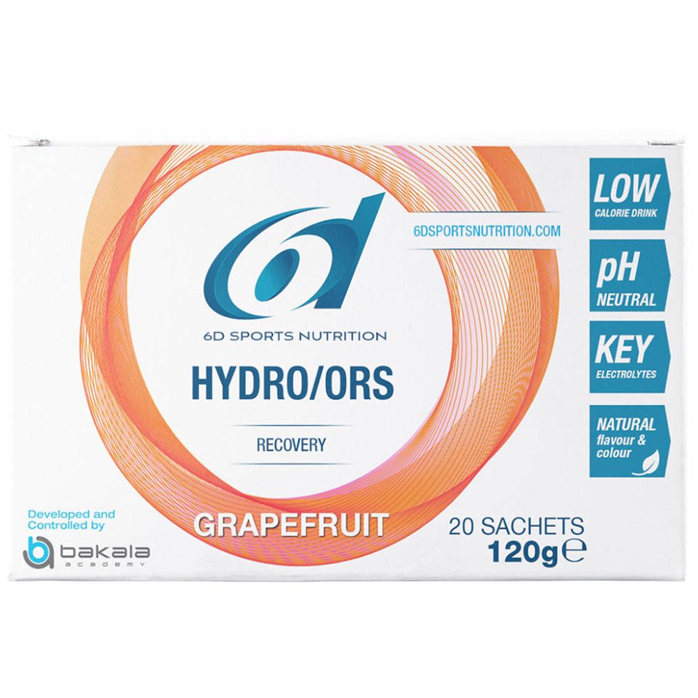 Karton mit 20 Beuteln. Aufschrift: 6D Sports Nutrition Hydro/ORS, Grapefruit. Enthält Elektrolyte. Niedriger Kaloriengehalt.