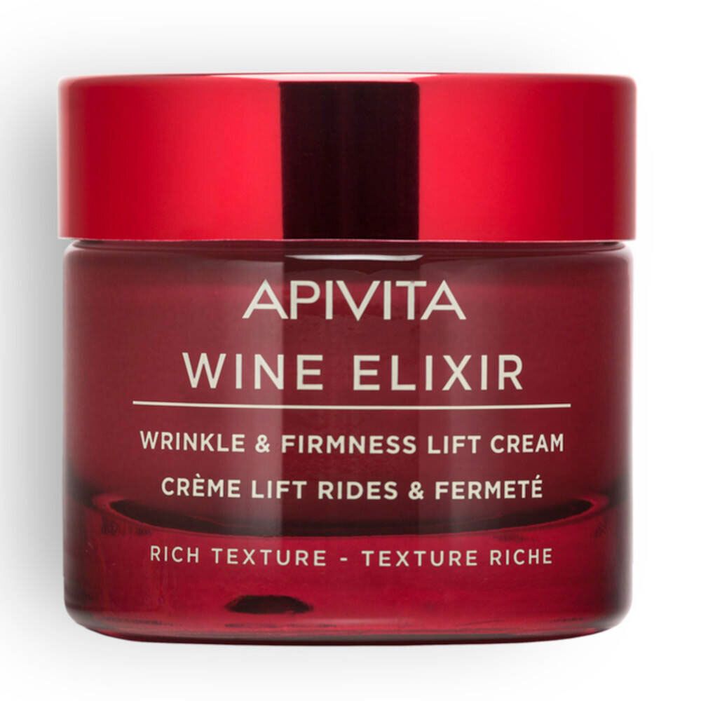 Rotes Cremeglas mit rotem Deckel. Aufschrift: APIVITA WINE ELIXIR, Falten- und Festigkeitscreme. Reiche Textur.