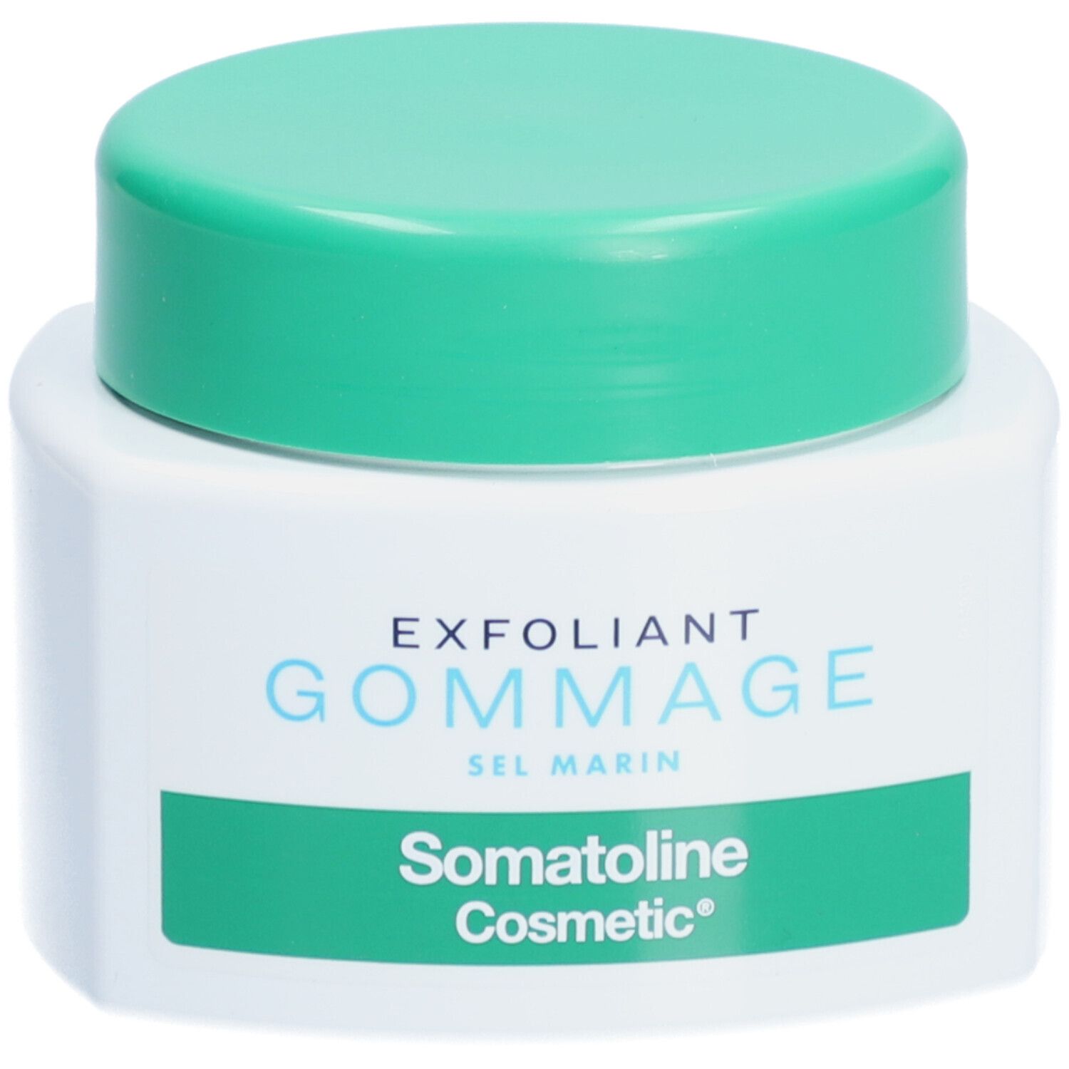 Weißer Tiegel mit grünem Deckel. Aufschrift: EXFOLIANT GOMMAGE SEL MARIN, Somatoline Cosmetic.