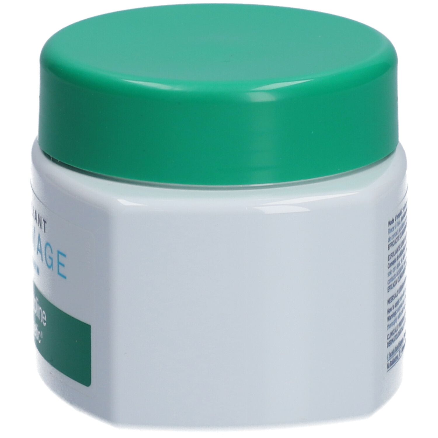 Weißer Tiegel mit grünem Deckel. Seitenansicht. Aufschrift: EXFOLIANT GOMMAGE, Somatoline Cosmetic.