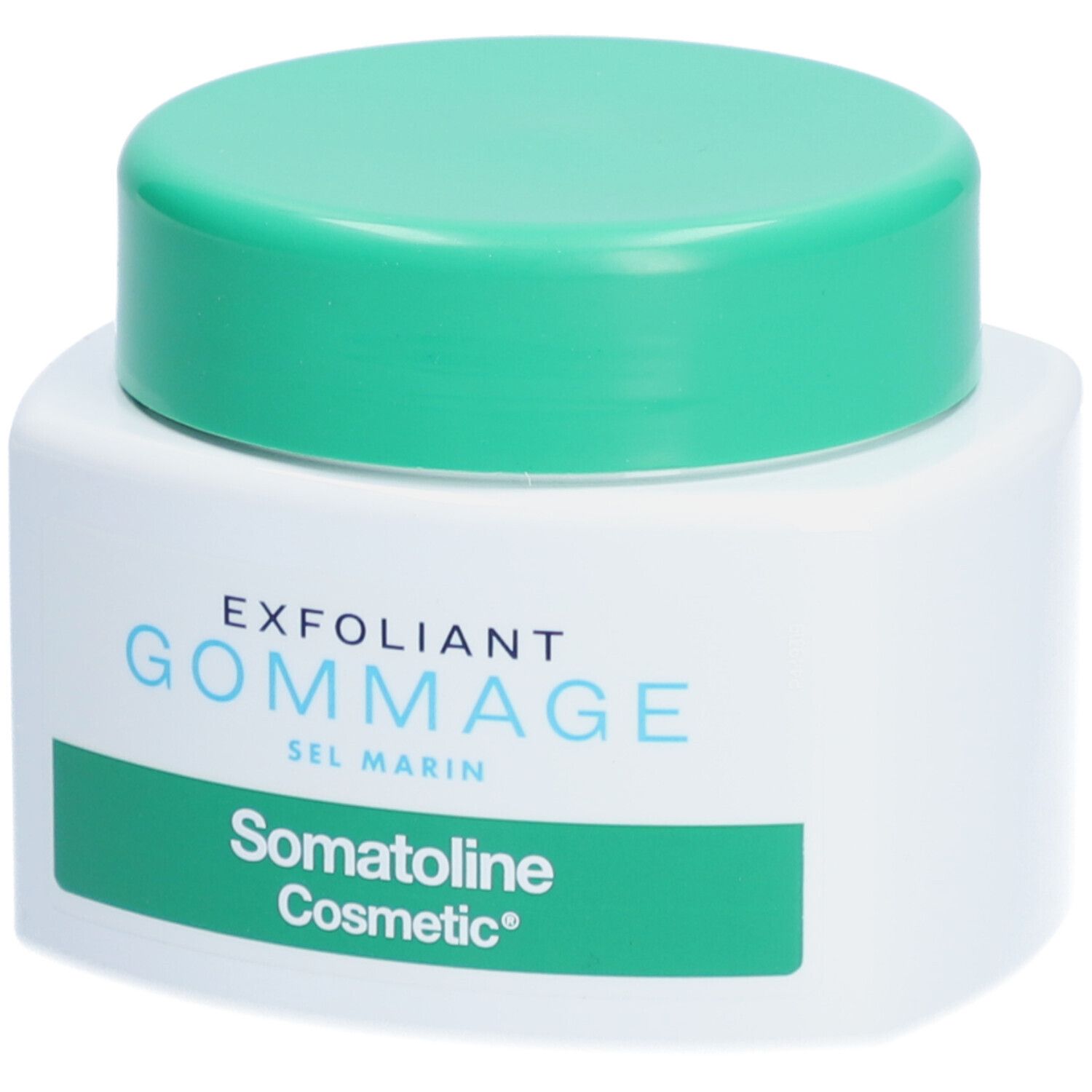 Weißer Tiegel mit grünem Deckel. Aufschrift: EXFOLIANT GOMMAGE SEL MARIN, Somatoline Cosmetic.