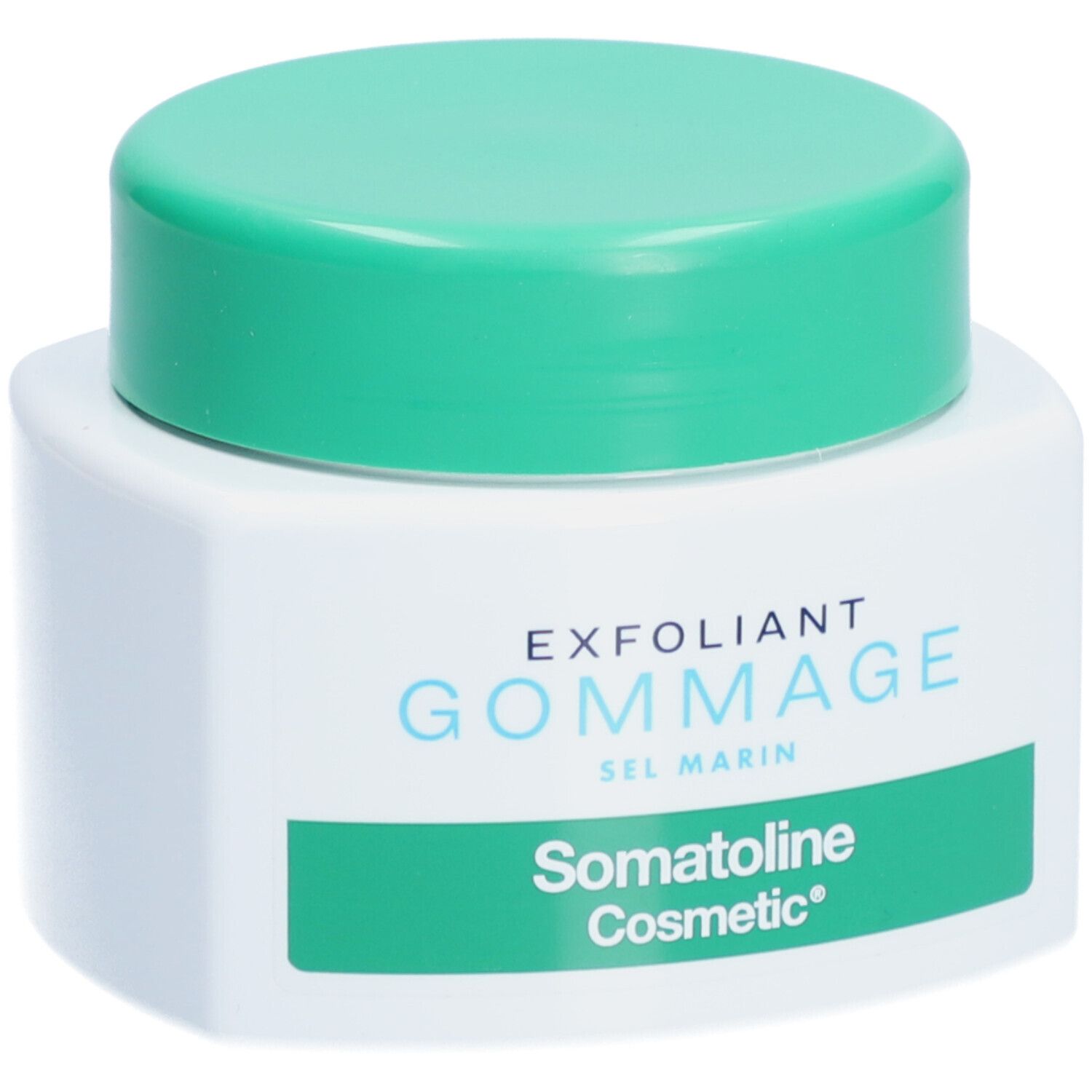 Weißer Tiegel mit grünem Deckel. Aufschrift: EXFOLIANT GOMMAGE SEL MARIN, Somatoline Cosmetic.