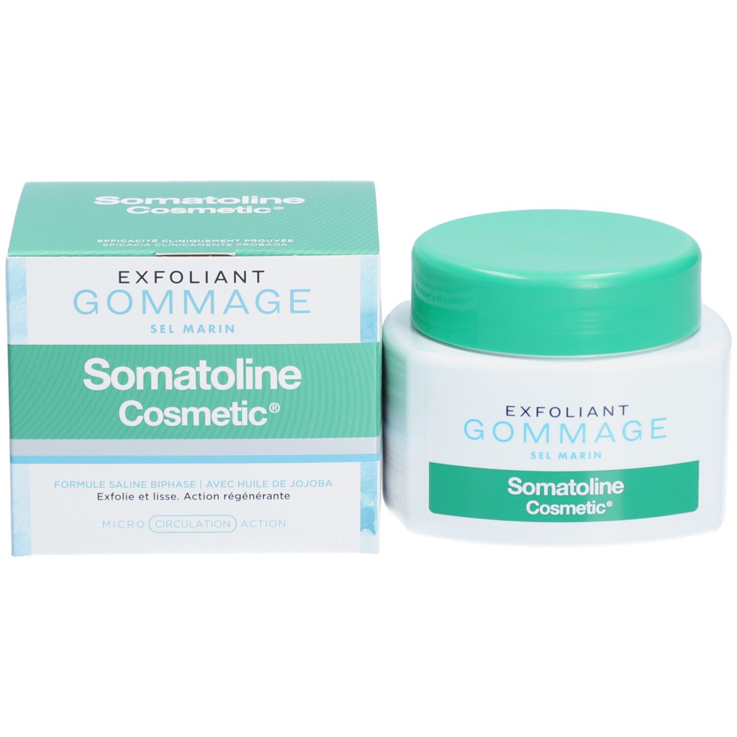 Produkt und Verpackung. Aufschrift: EXFOLIANT GOMMAGE SEL MARIN, Somatoline Cosmetic.