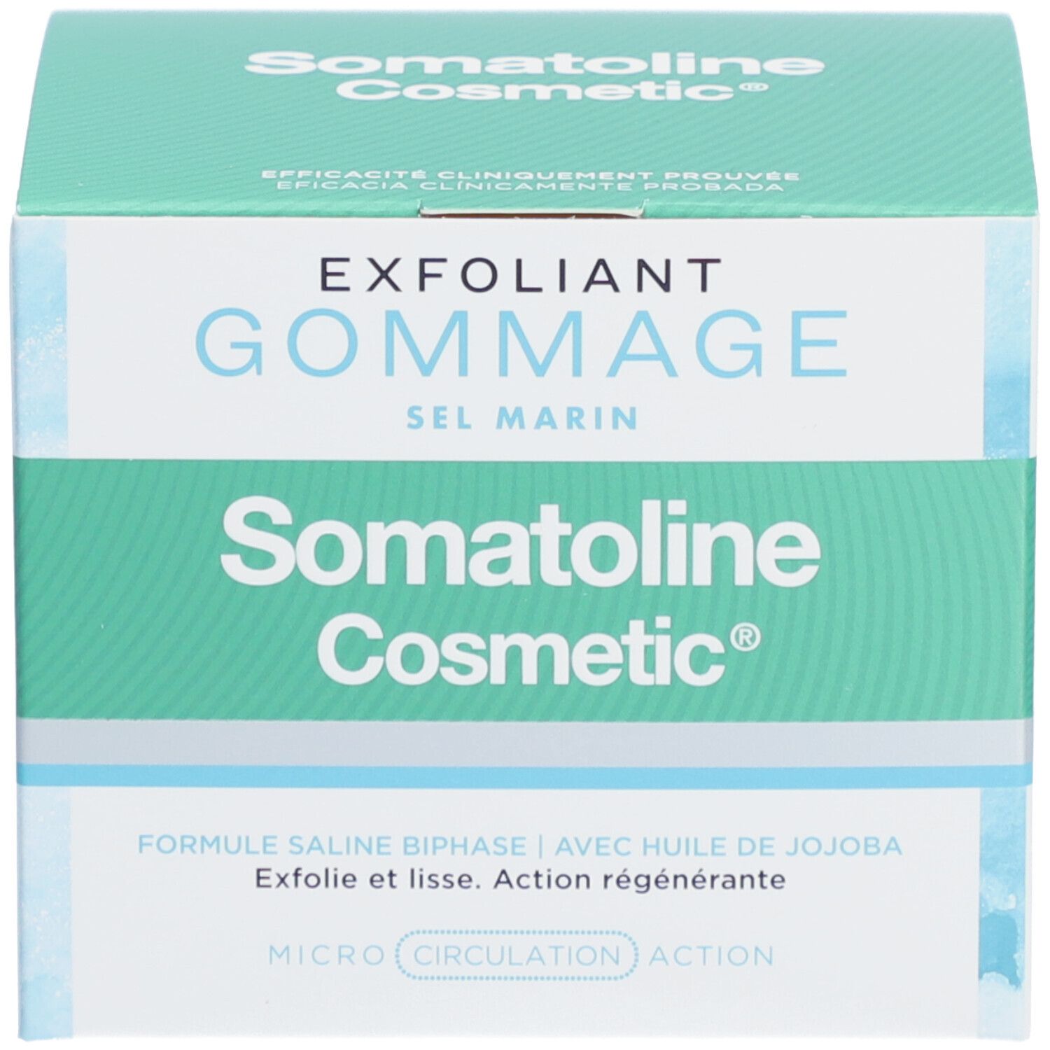 Produktverpackung. Aufschrift: EXFOLIANT GOMMAGE SEL MARIN, Somatoline Cosmetic.