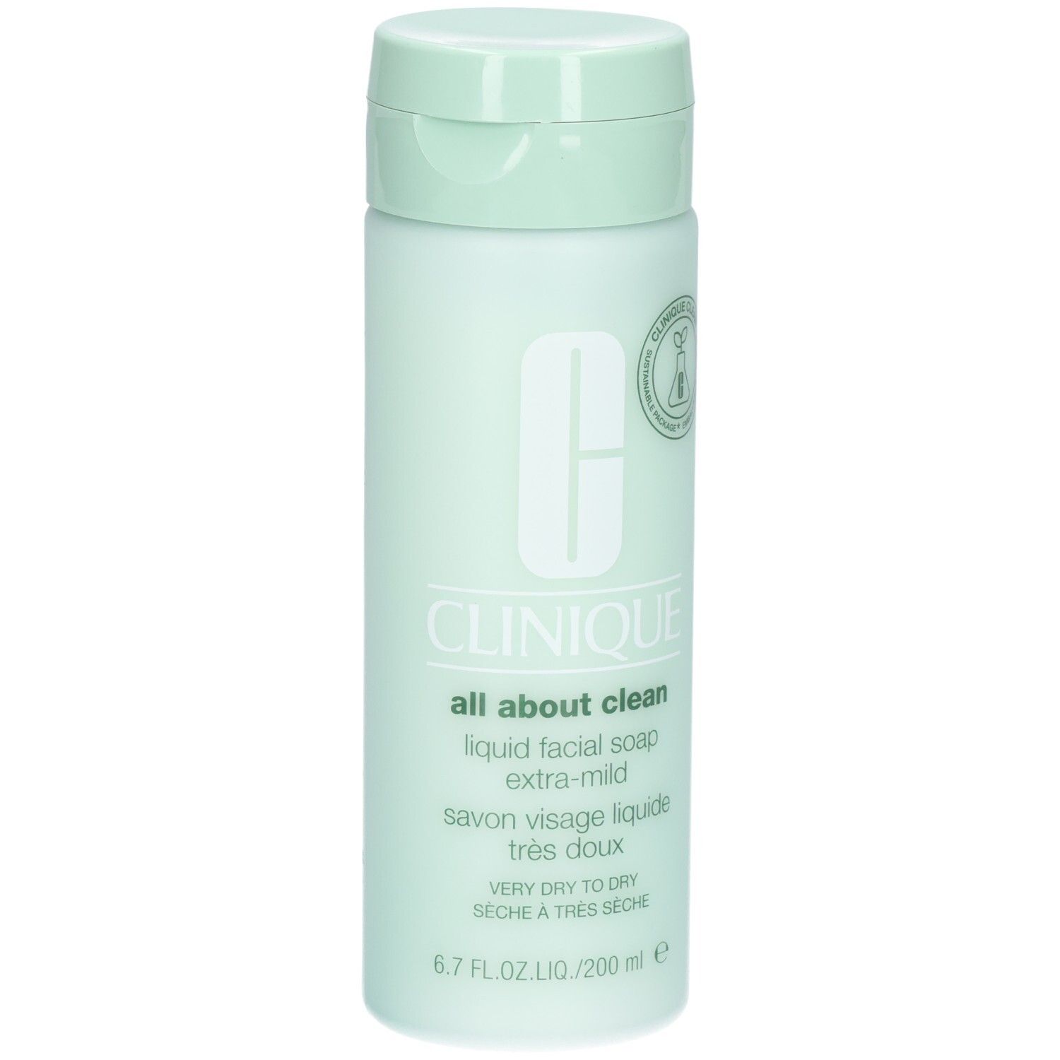 Hellgrüne Flasche mit Klappverschluss. Aufschrift: CLINIQUE all about clean liquid facial soap extra-mild. Für trockene Haut.