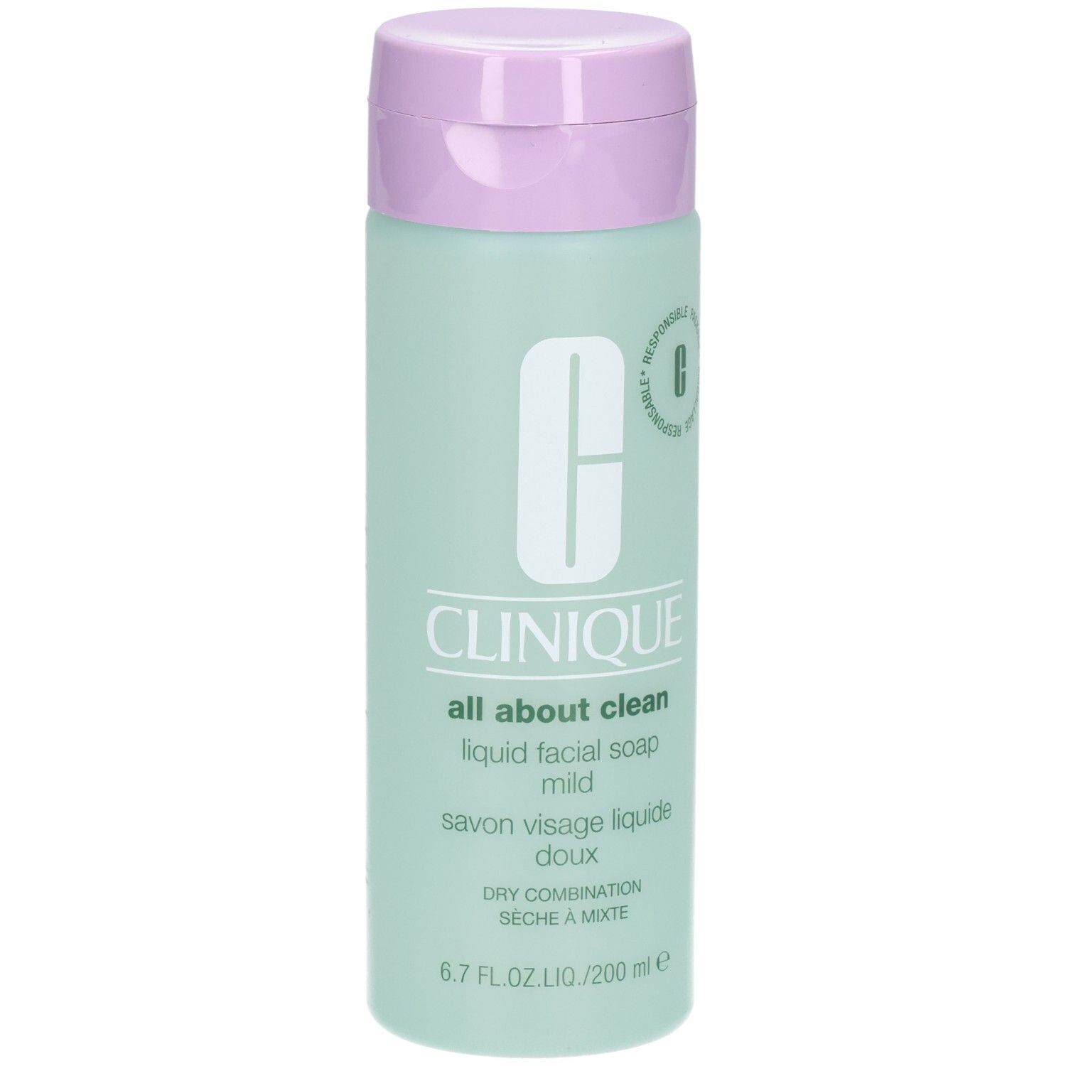 Clinique Flüssigseife Mild, 200ml Flasche mit hellgrünem Körper und lila Klappdeckel.