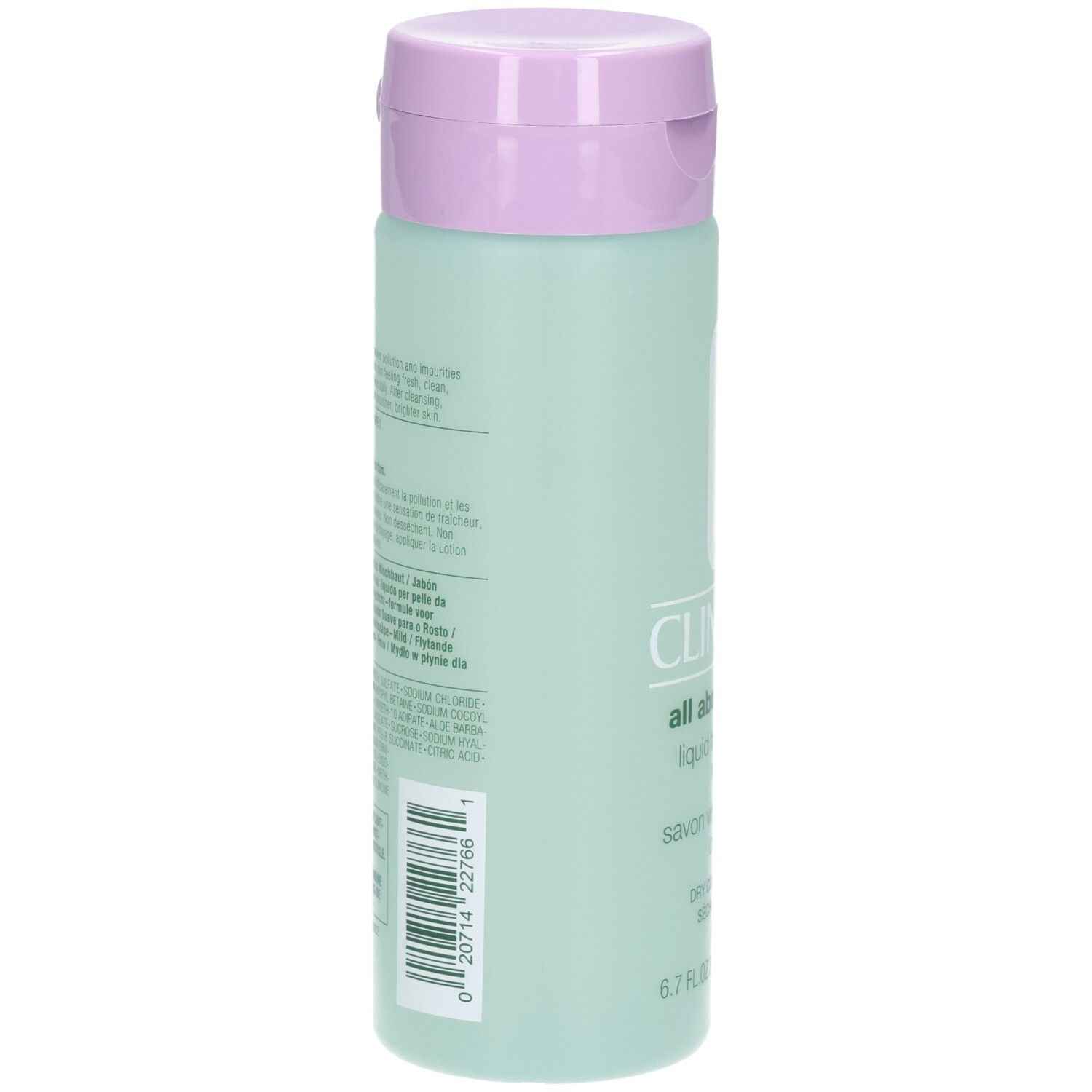 Rückseite der Clinique Flüssigseife Mild Flasche mit Inhaltsstoffen und Barcode.