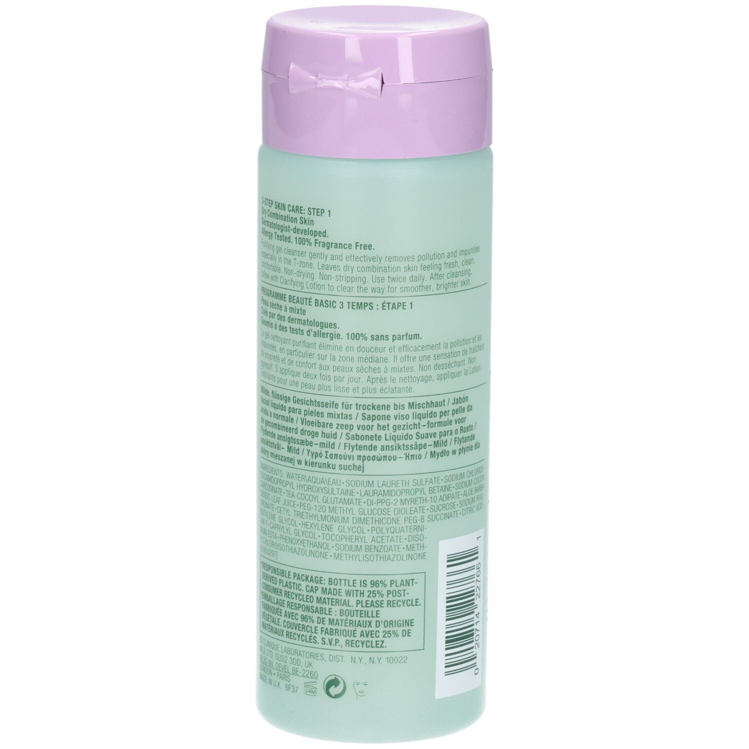 Rückseite der Clinique Flüssigseife Mild Flasche mit Anwendungshinweisen und Recycling-Informationen.