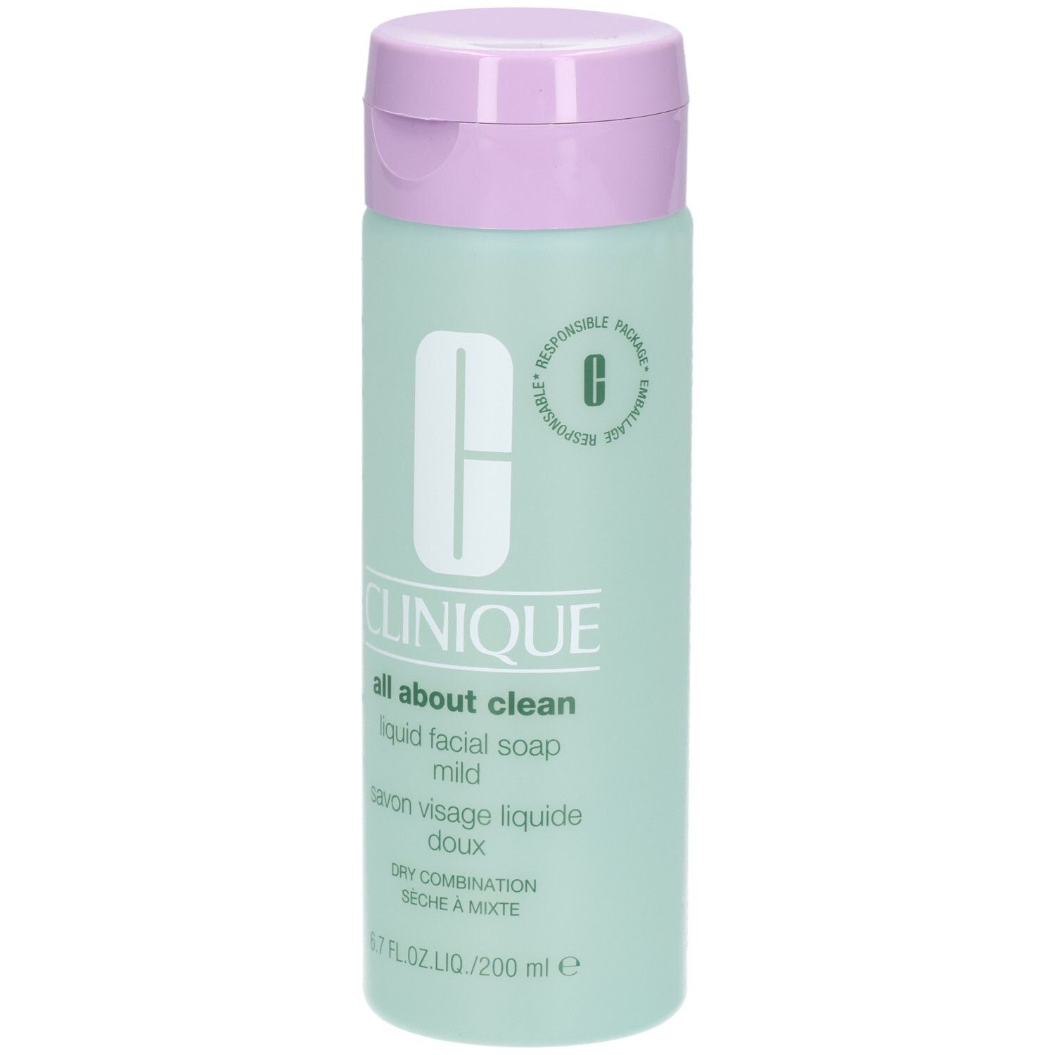 Clinique Flüssigseife Mild, 200ml Flasche mit hellgrünem Körper und lila Klappdeckel.