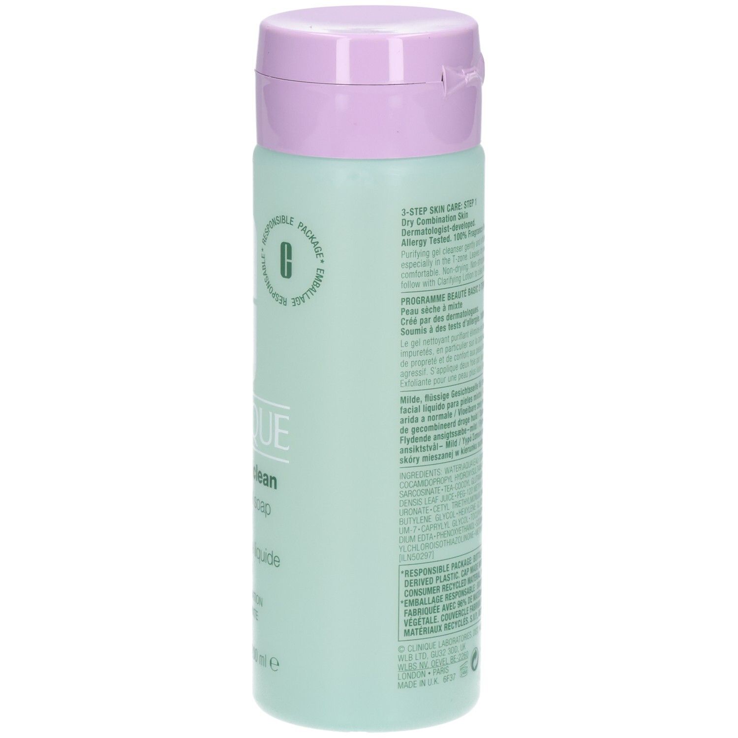 Seitenansicht der Clinique Flüssigseife Mild Flasche mit detaillierten Produktinformationen.