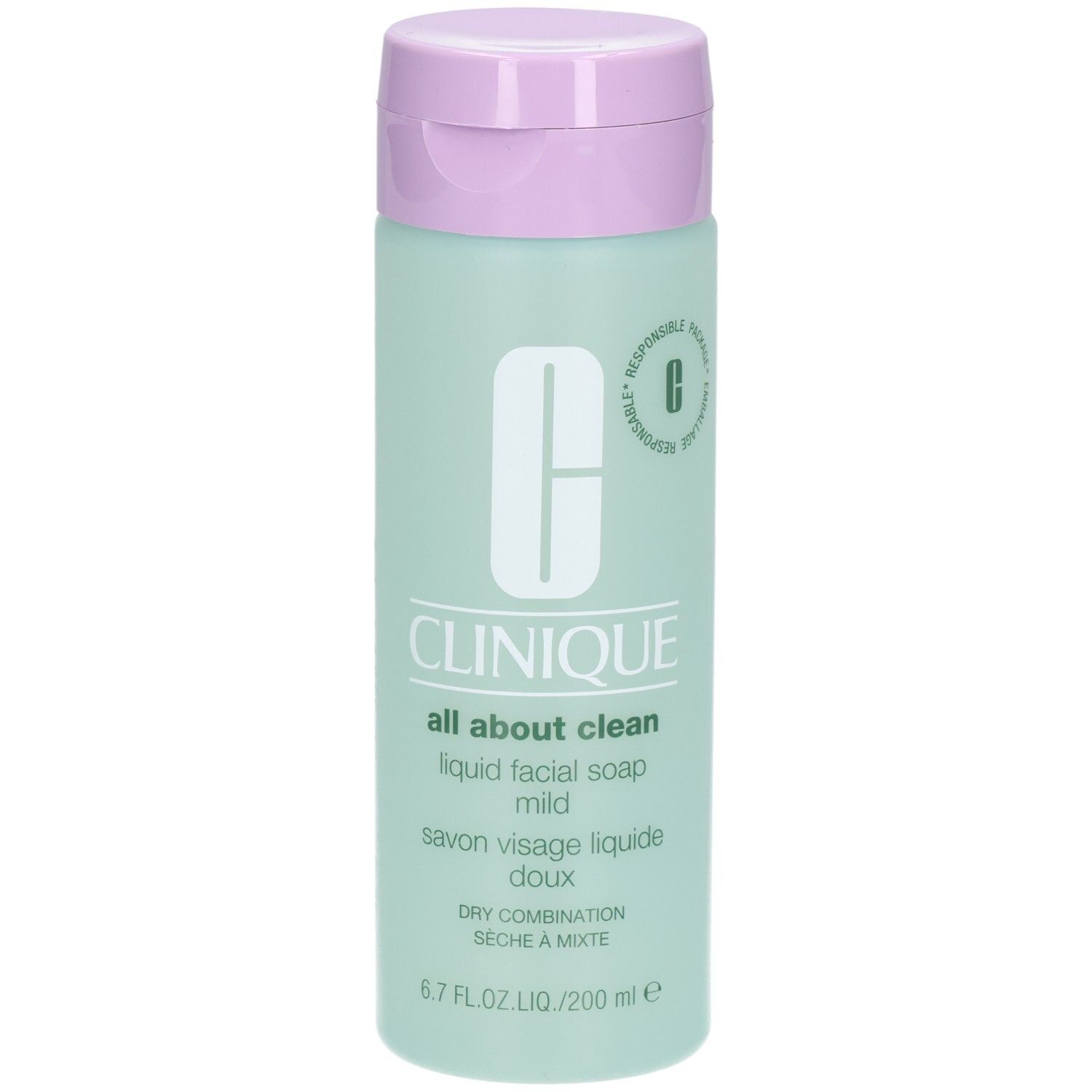 Clinique Flüssigseife Mild, 200ml Flasche mit hellgrünem Körper und lila Klappdeckel.