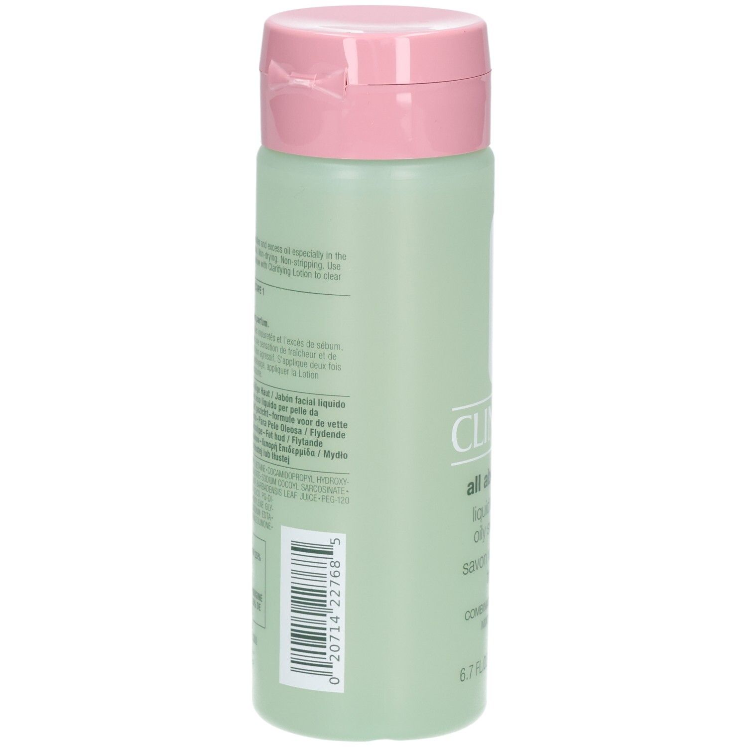 Rückseite der Clinique All About Clean Flüssigseife für ölige Haut, 200 ml Flasche.