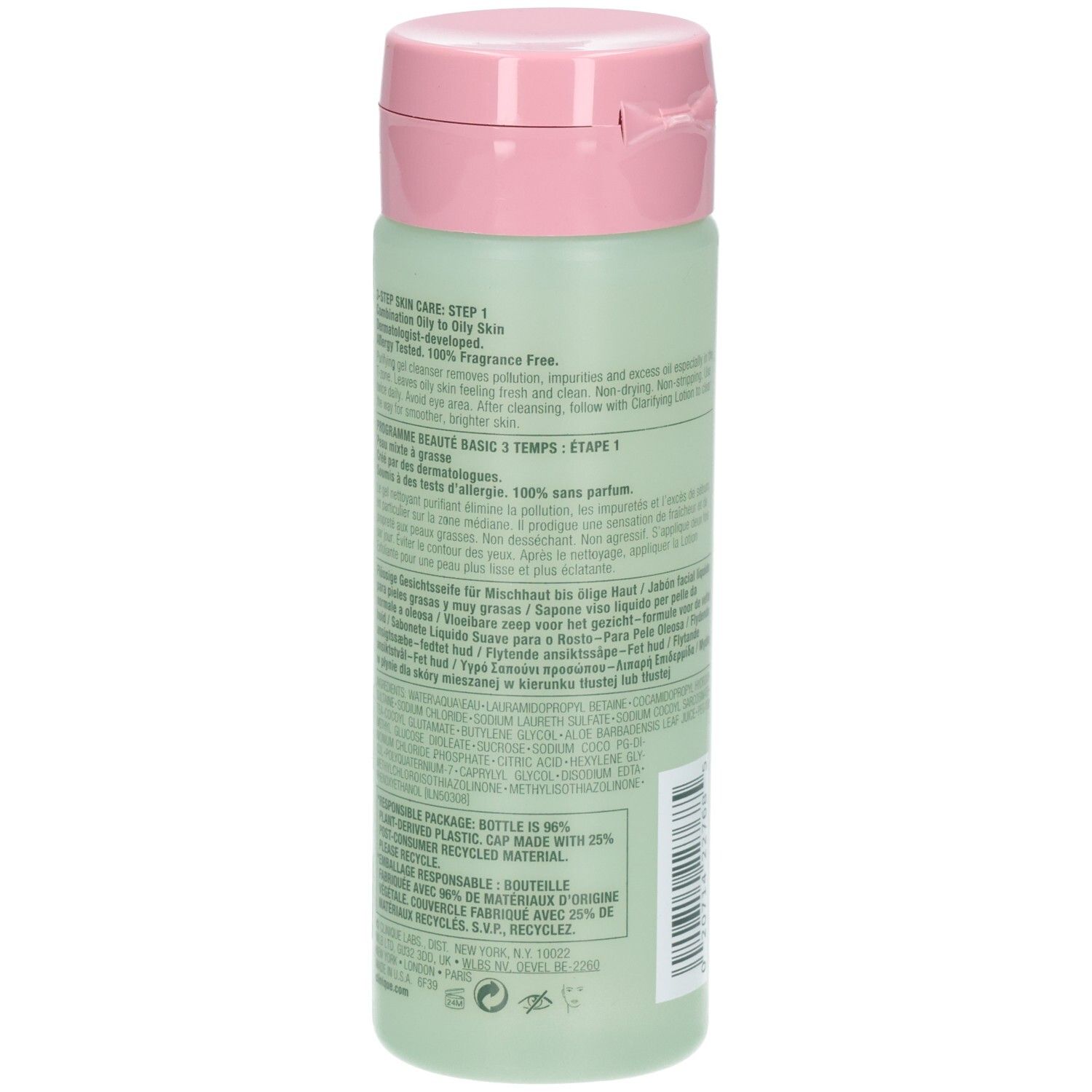 Rückseite der Clinique All About Clean Flüssigseife für ölige Haut, 200 ml Flasche.
