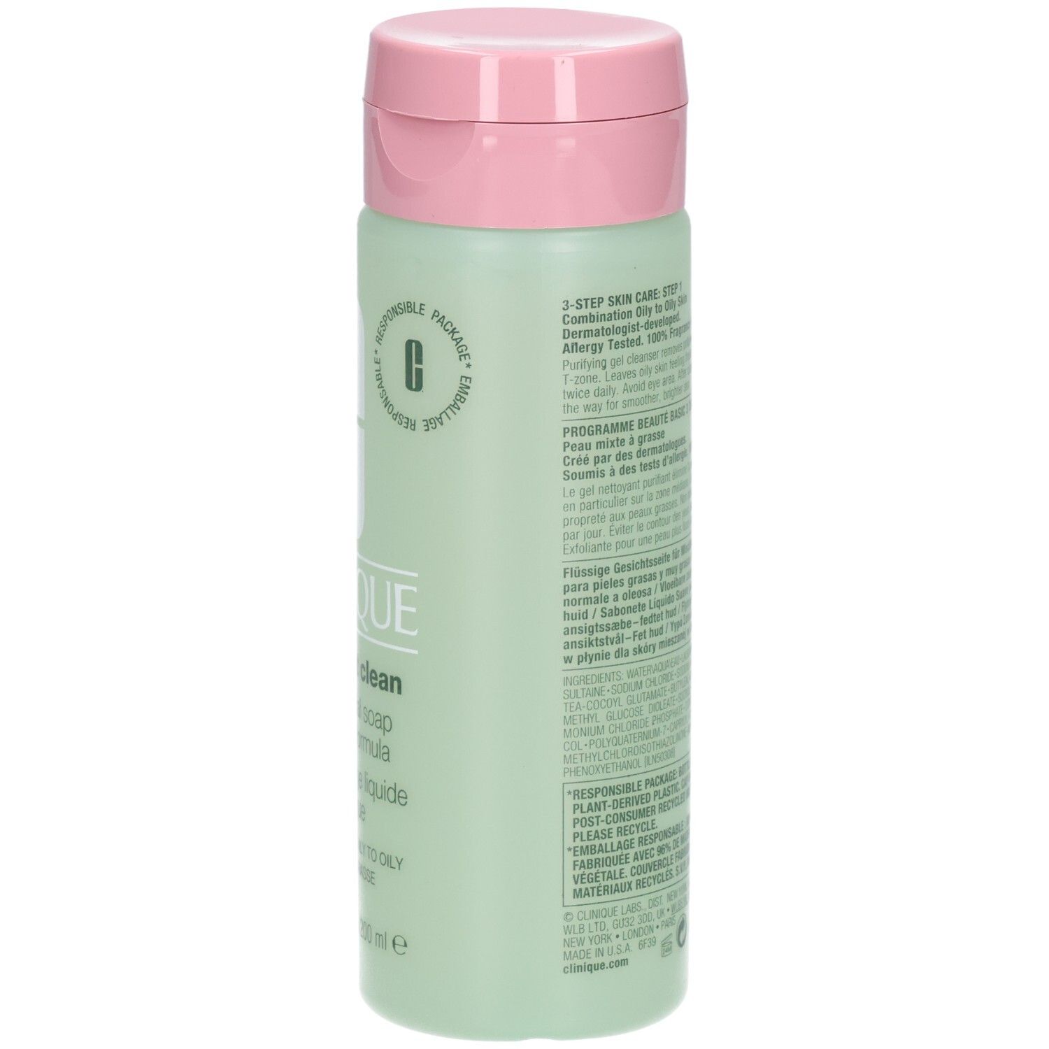 Rückseite der Clinique All About Clean Flüssigseife für ölige Haut, 200 ml Flasche.
