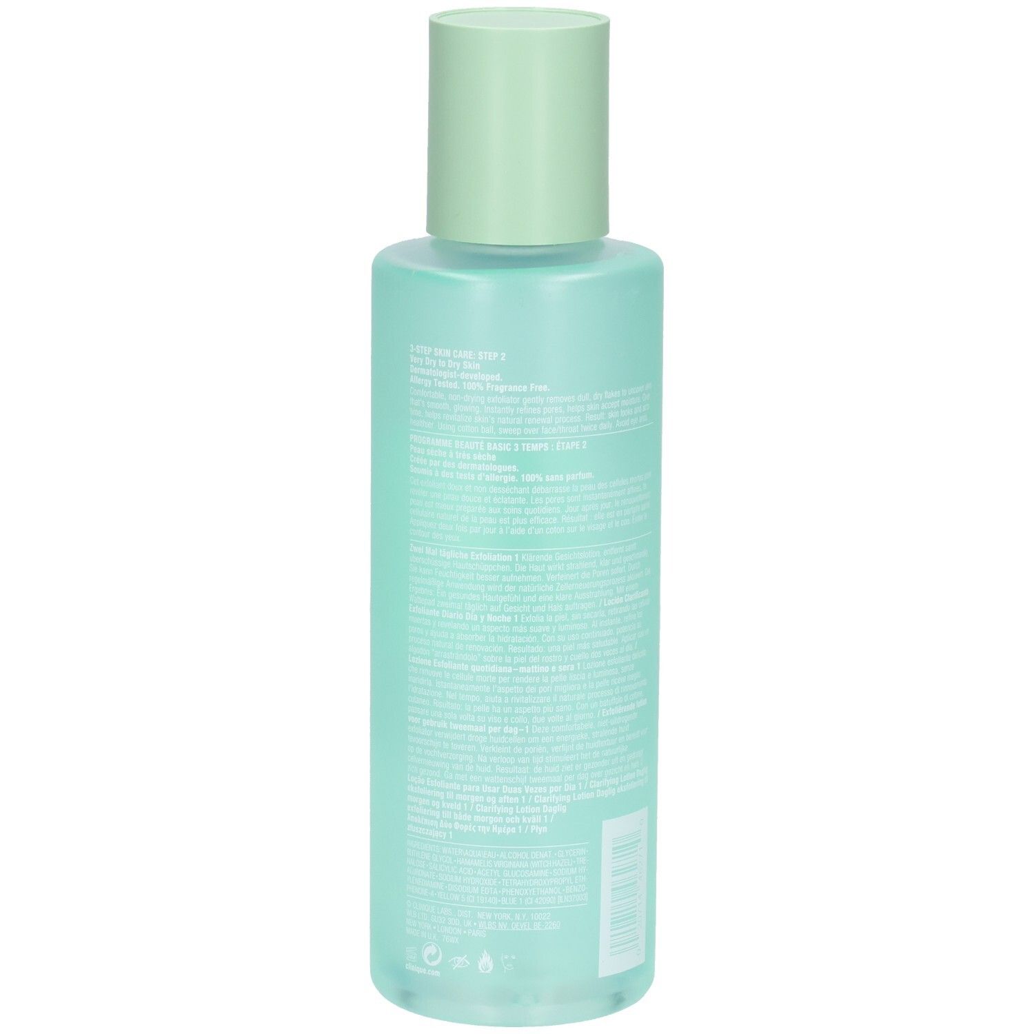 Rückseite der Clinique Clarifying Lotion 1 Flasche mit detaillierten Produktinformationen. 400 ml.