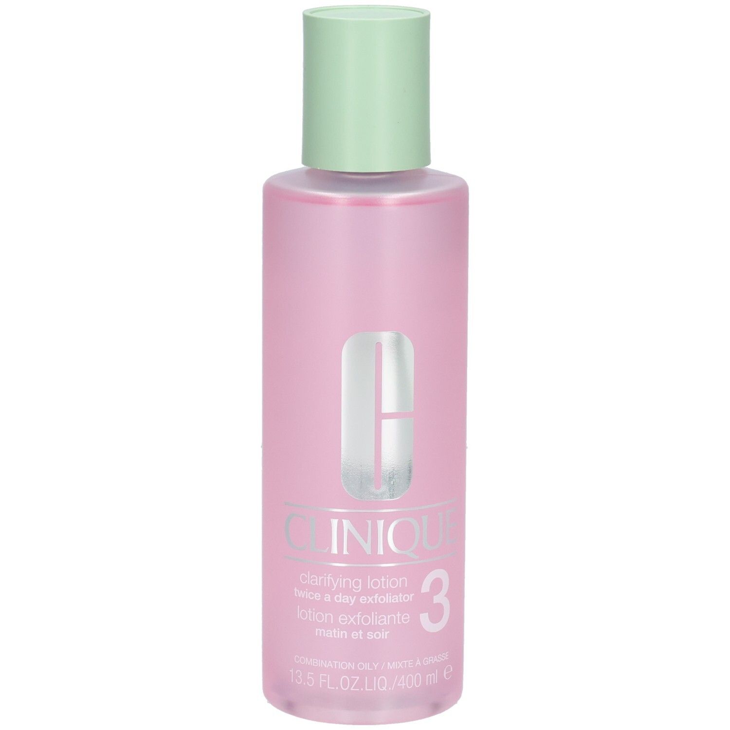Clinique Clarifying Lotion 3, 400 ml, in rosa Flasche mit hellgrünem Deckel.