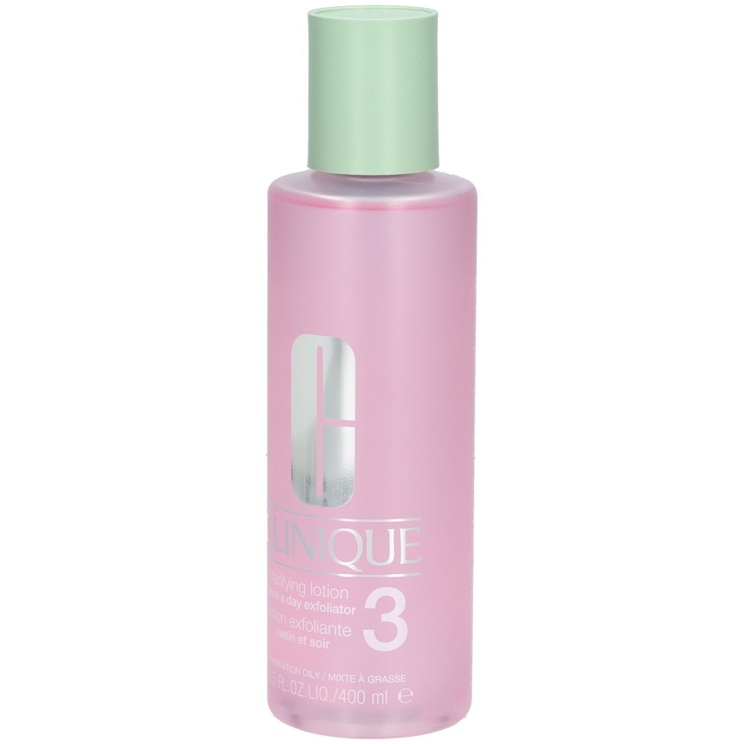 Clinique Clarifying Lotion 3, 400 ml, in rosa Flasche mit hellgrünem Deckel.