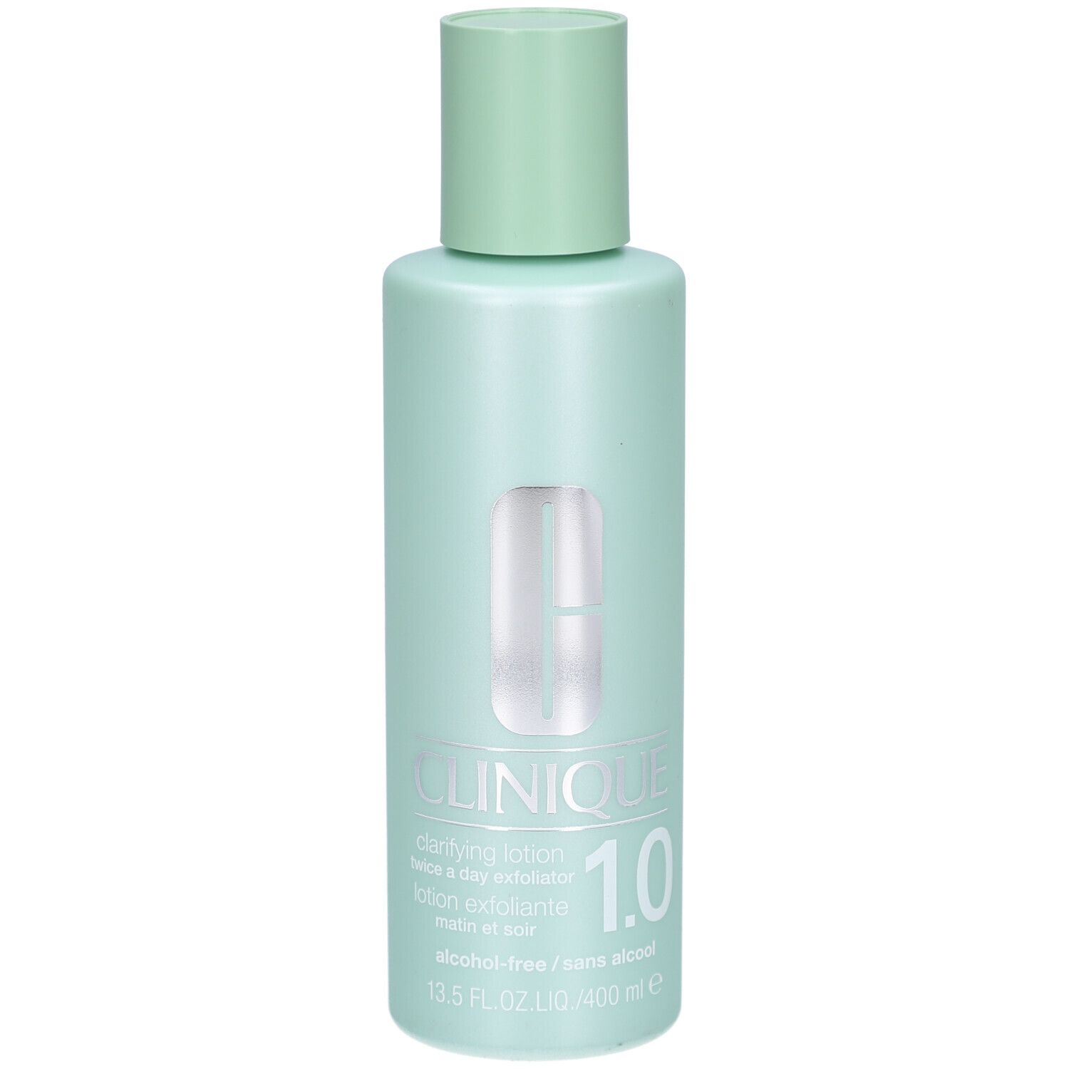 Hellgrüne Flasche mit hellgrünem Deckel. Aufschrift: Clinique Clarifying Lotion 1.0. Alkohol-frei. 13.5 FL.OZ./400 ml.
