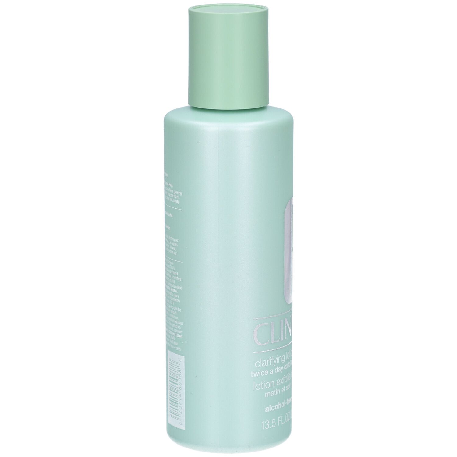 Hellgrüne Flasche mit hellgrünem Deckel. Rückseite mit Text. Aufschrift: Clinique Clarifying Lotion. Alkohol-frei. 13.5 FL.OZ./400 ml.
