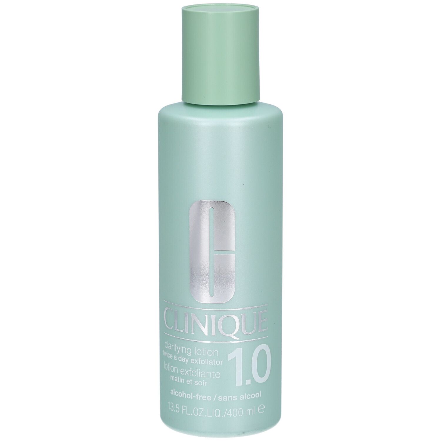 Hellgrüne Flasche mit hellgrünem Deckel. Aufschrift: Clinique Clarifying Lotion 1.0. Alkohol-frei. 13.5 FL.OZ./400 ml.