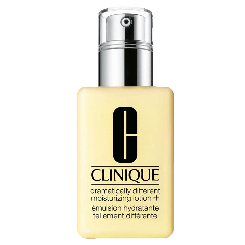 Clinique Feuchtigkeitslotion in gelber Flasche mit Pumpspender. Text: Dramatically Different Moisturizing Lotion+.
