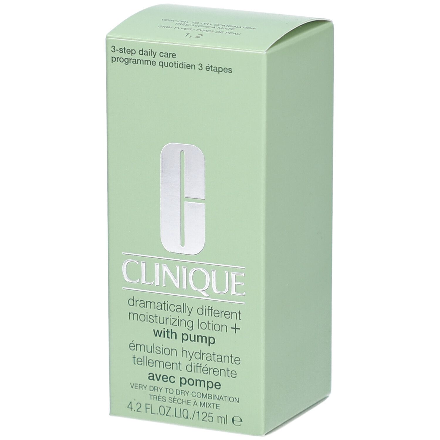 Grüne Verpackung von Clinique. Aufschrift: Dramatically Different Moisturizing Lotion+ with pump. 4.2 fl.oz.liq./125 ml.