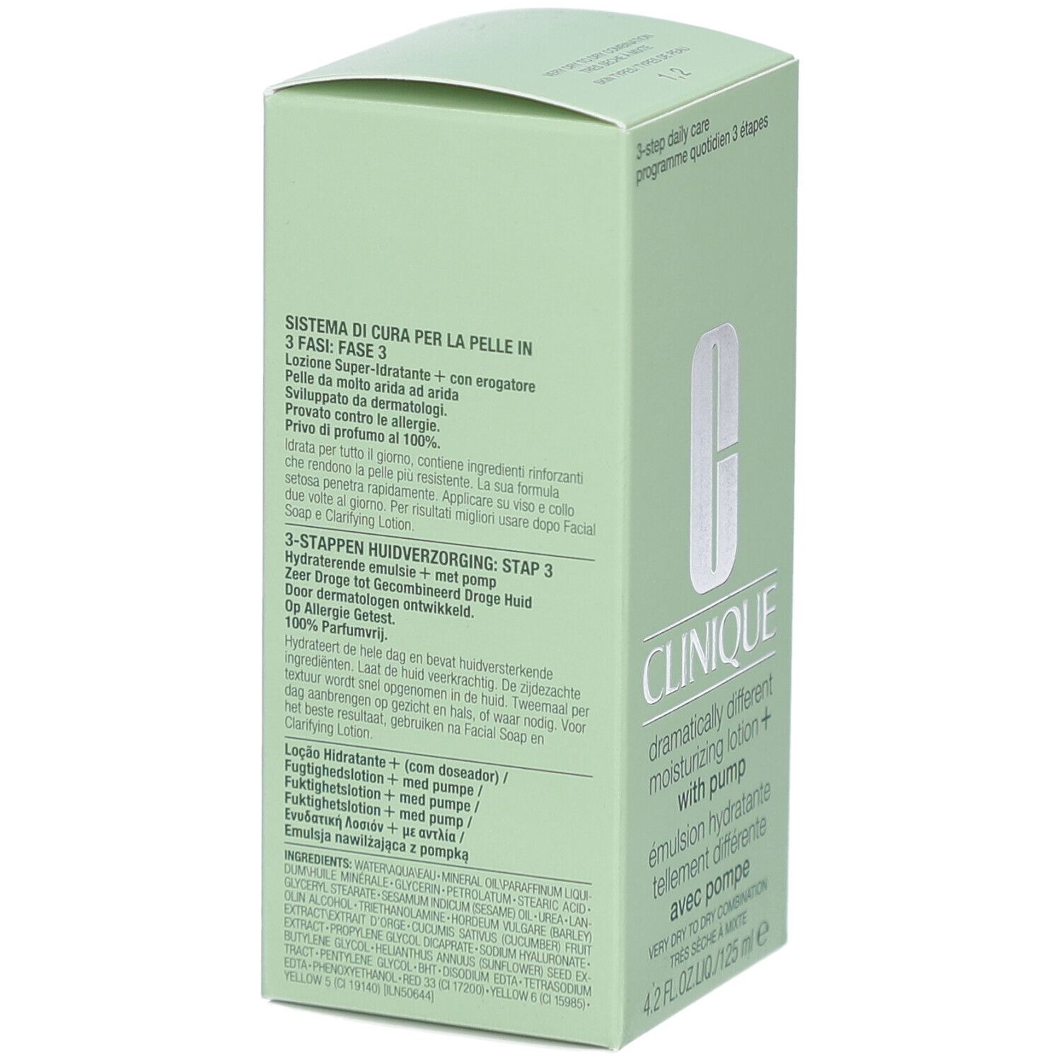 Grüne Verpackung von Clinique. Text in Deutsch, Italienisch, Niederländisch und Französisch. Enthält Informationen zum Produkt.