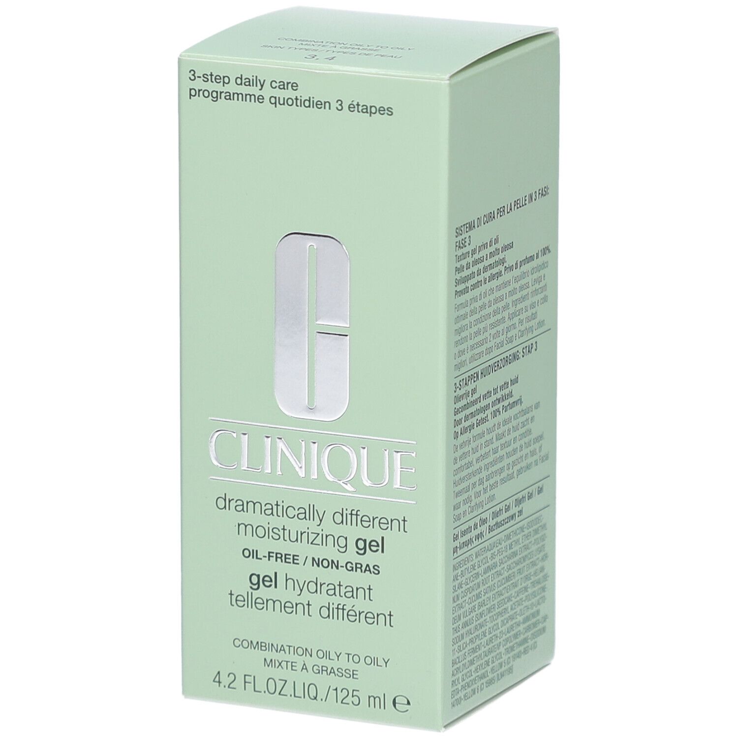 Hellgrüne Verpackung. Aufschrift: Clinique, Dramatically Different Moisturizing Gel, Ölfrei. 4.2 FL.OZ.LIQ./125 ml e. 3-step daily care.