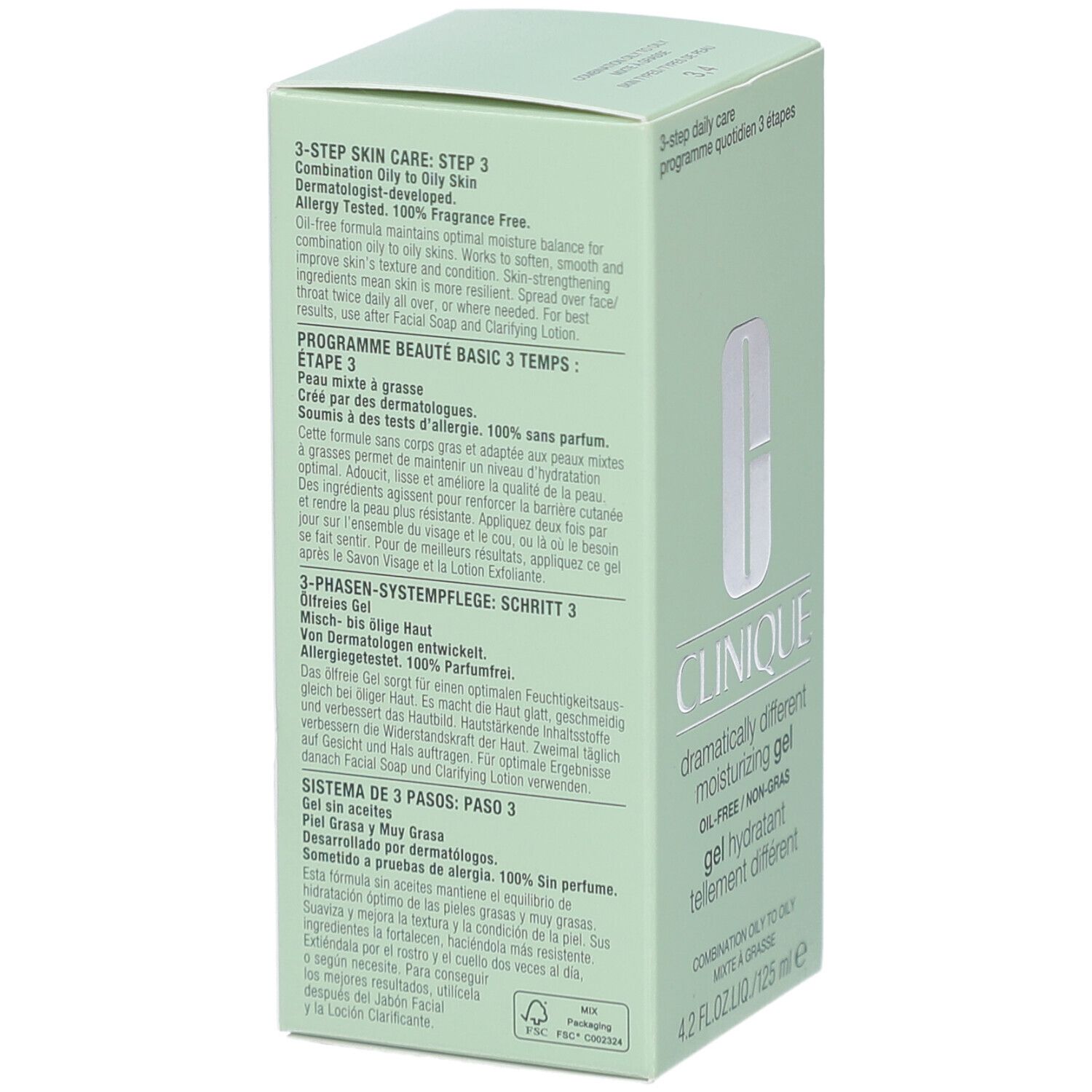 Hellgrüne Verpackung. Text: 3-step skin care. Dermatologisch getestet. 100% parfümfrei. Clinique, Dramatically Different Moisturizing Gel, Ölfrei.