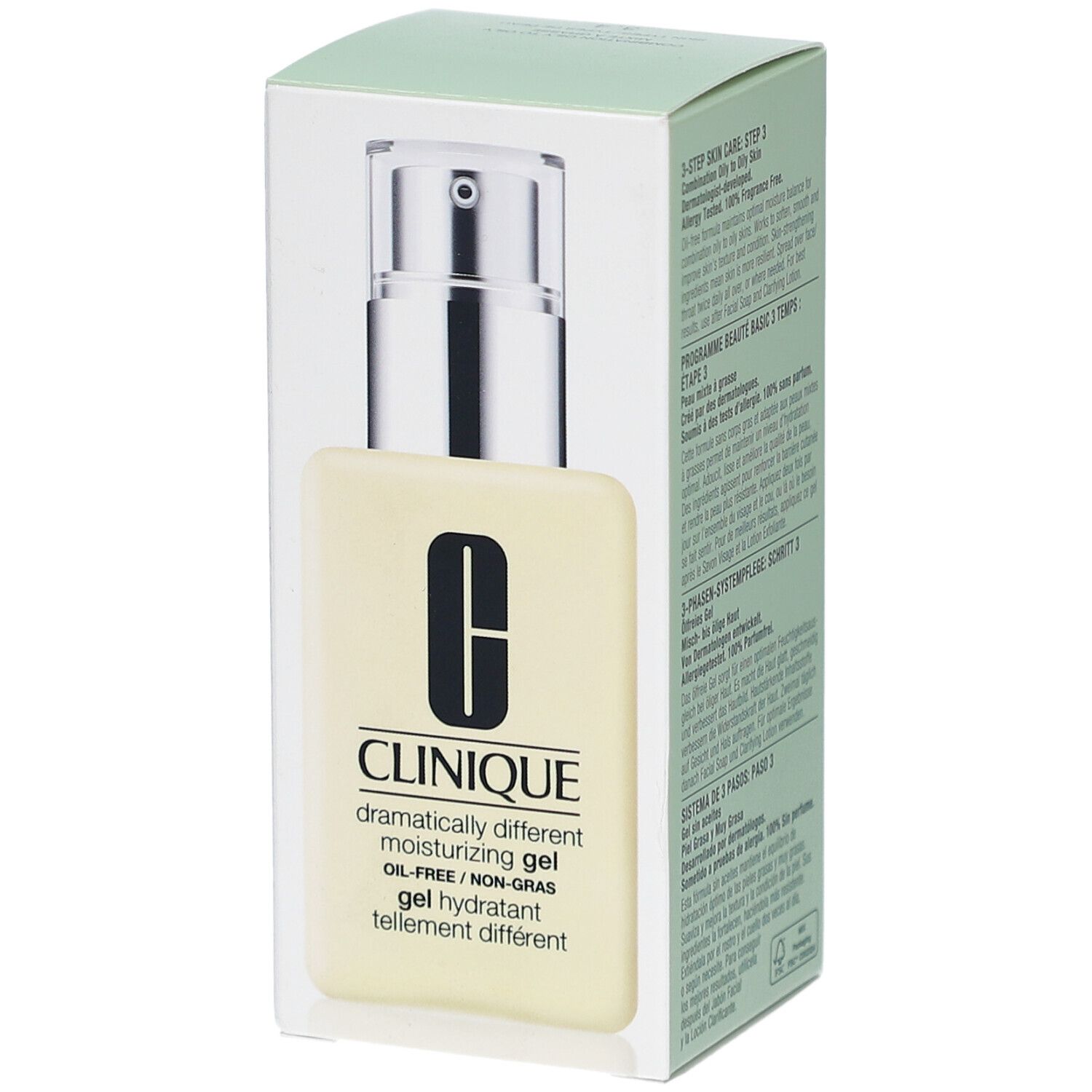 Produkt in einer rechteckigen, hellgelben Flasche mit silbernem Pumpkopf. Aufschrift: Clinique, Dramatically Different Moisturizing Gel, Ölfrei.