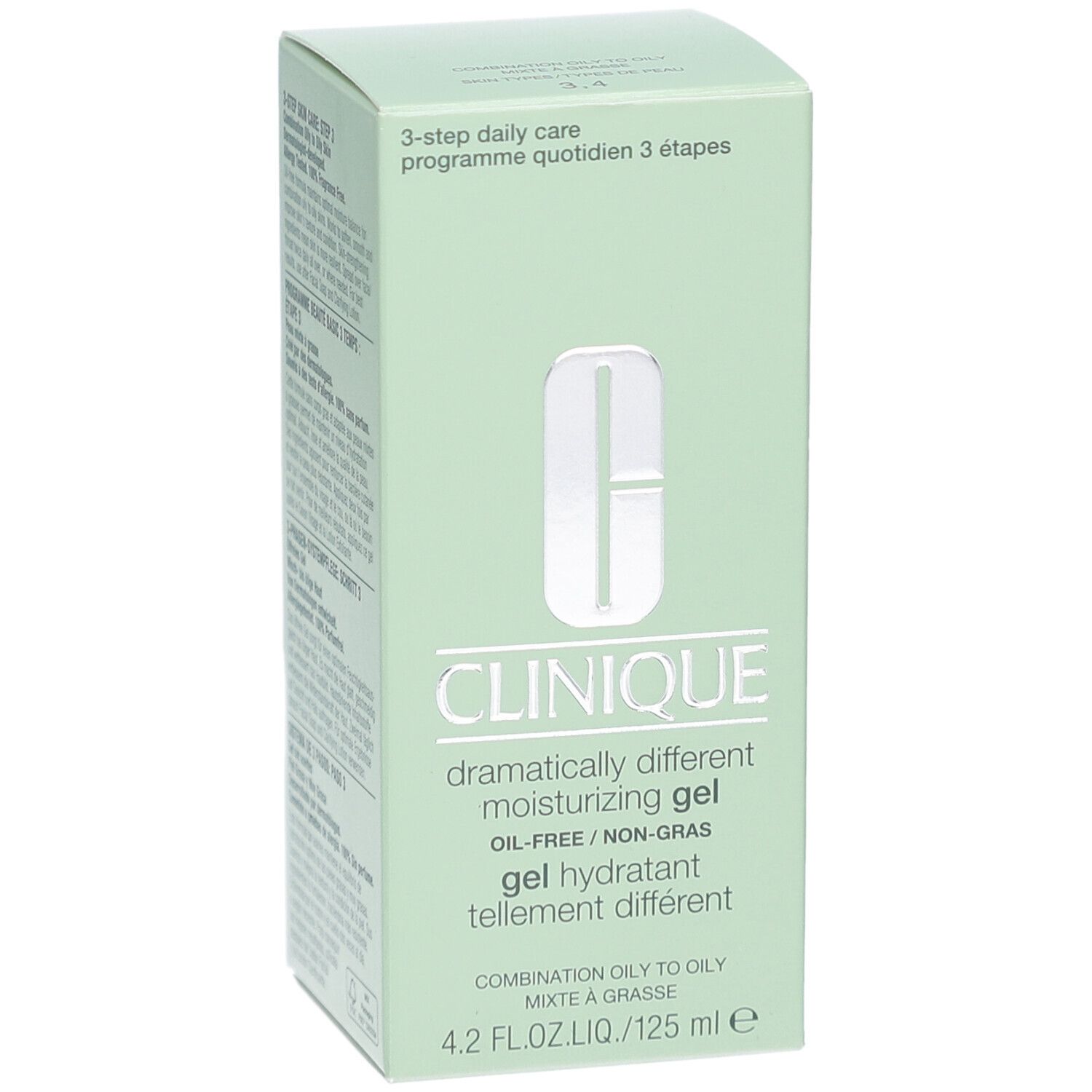 Hellgrüne Verpackung. Aufschrift: Clinique, Dramatically Different Moisturizing Gel, Ölfrei. 4.2 FL.OZ.LIQ./125 ml e. 3-step daily care.