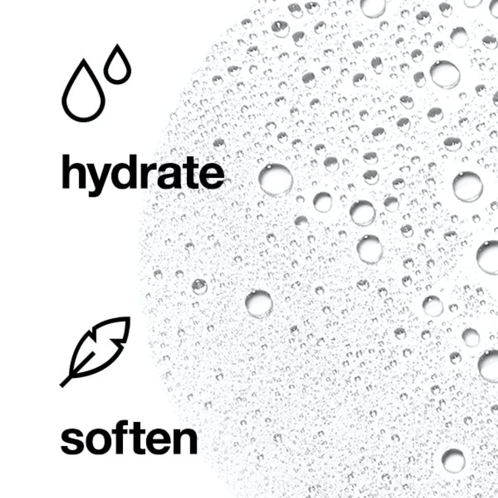 Grafische Darstellung: Wassertropfen und Feder-Symbol. Text: hydrate und soften. Für Feuchtigkeit und Geschmeidigkeit.