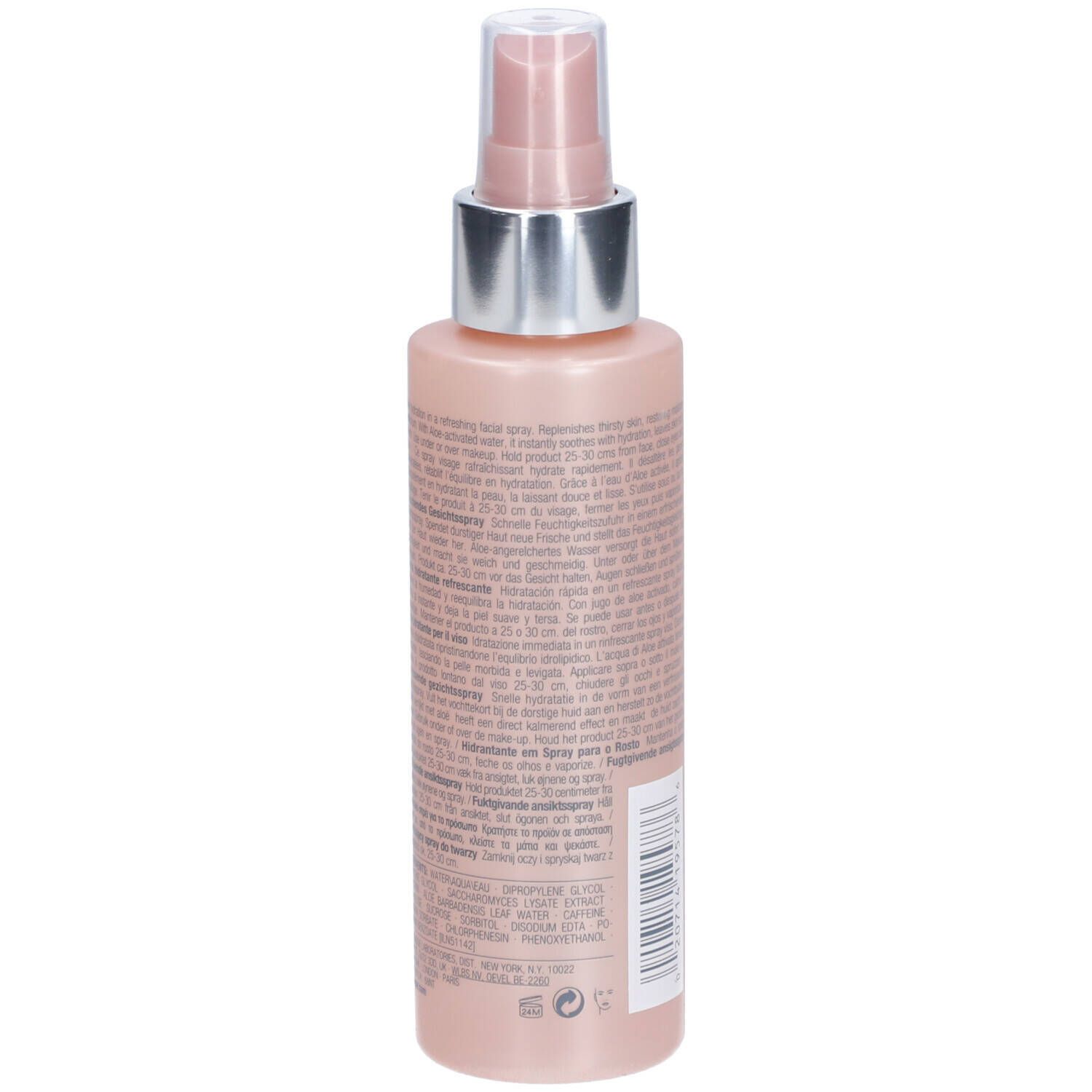 Rückseite der Clinique Moisture Surge Gesichtsspray Flasche. Text in mehreren Sprachen. Inhaltsstoffe und Anwendung.