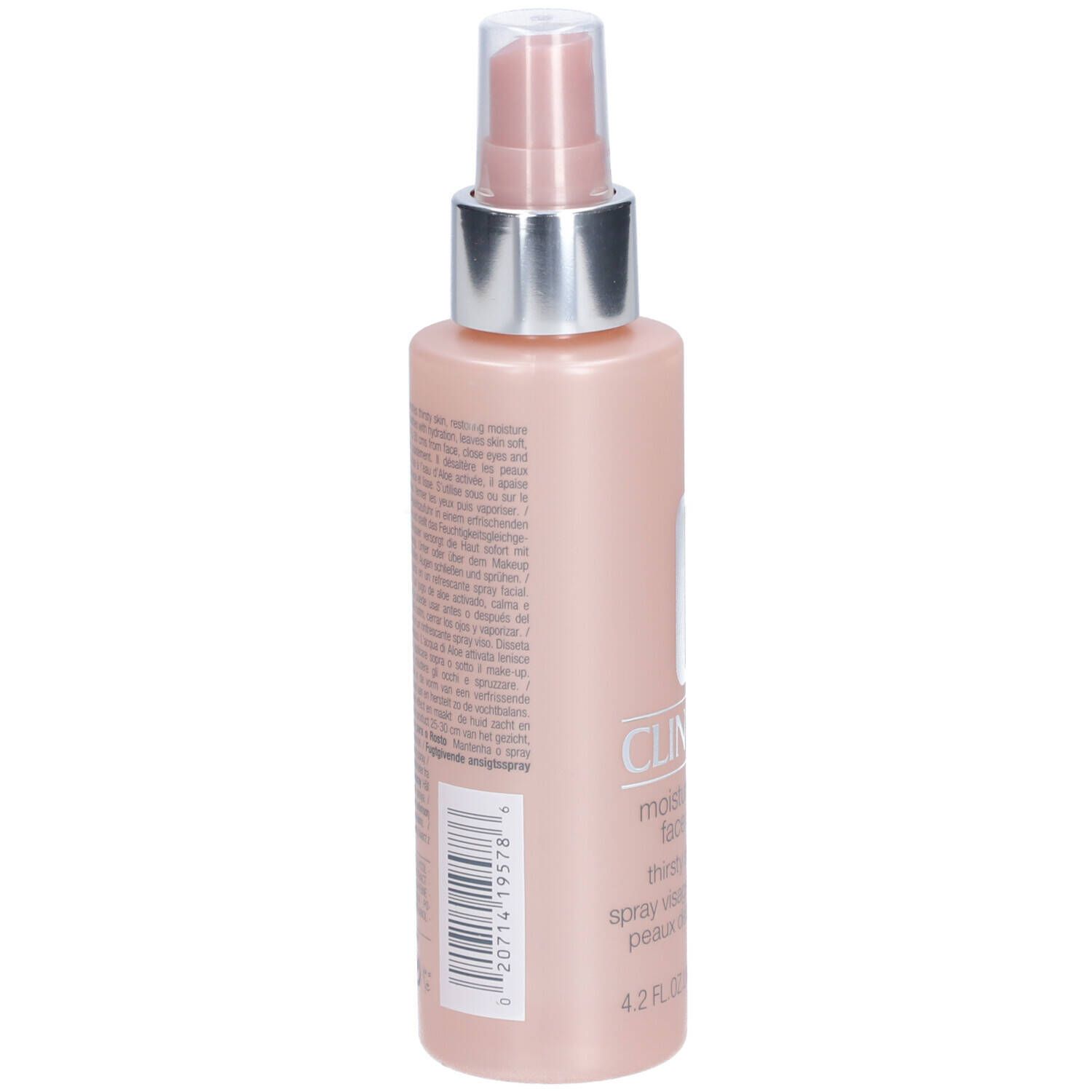 Rückseite der Clinique Moisture Surge Gesichtsspray Flasche. Text und Barcode. 4.2 FL.OZ. / 125 ml.
