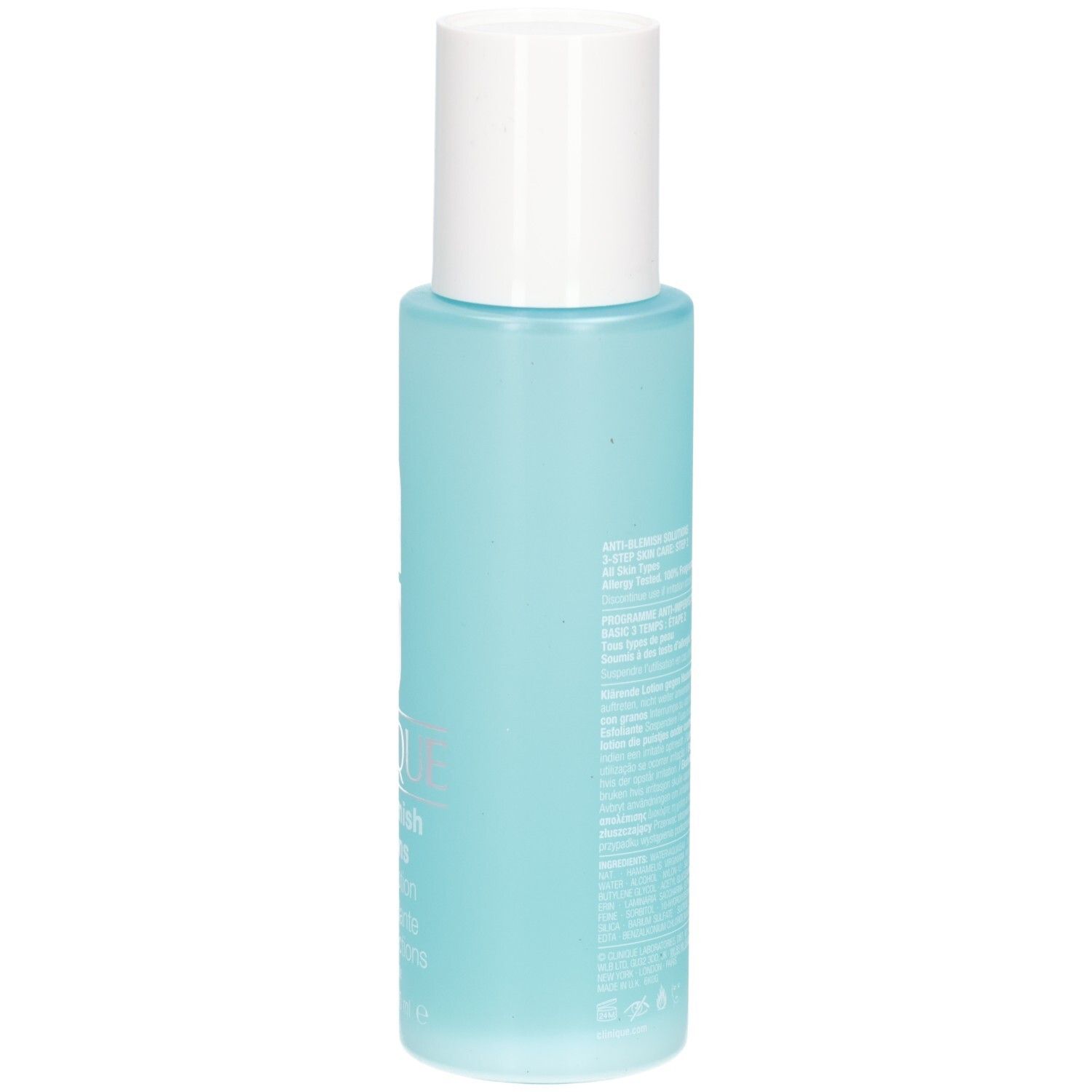 Clinique Anti-Blemish Solutions Clarifying Lotion, Seite der 200 ml Flasche.