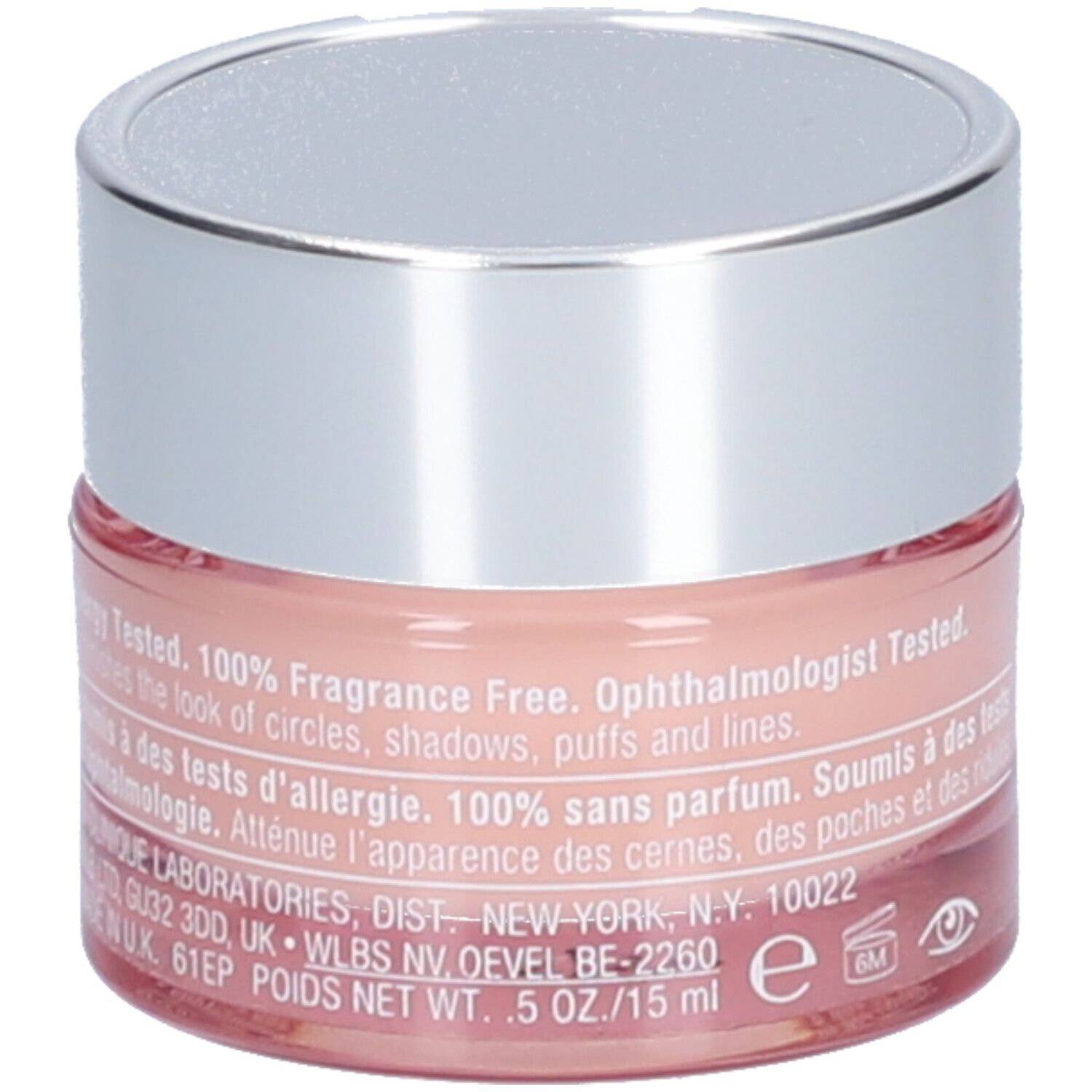 Runder Tiegel mit silbernem Deckel. Aufschrift: CLINIQUE. Text: 100% parfümfrei. Dermatologisch getestet. 0,5 OZ./15 ml.