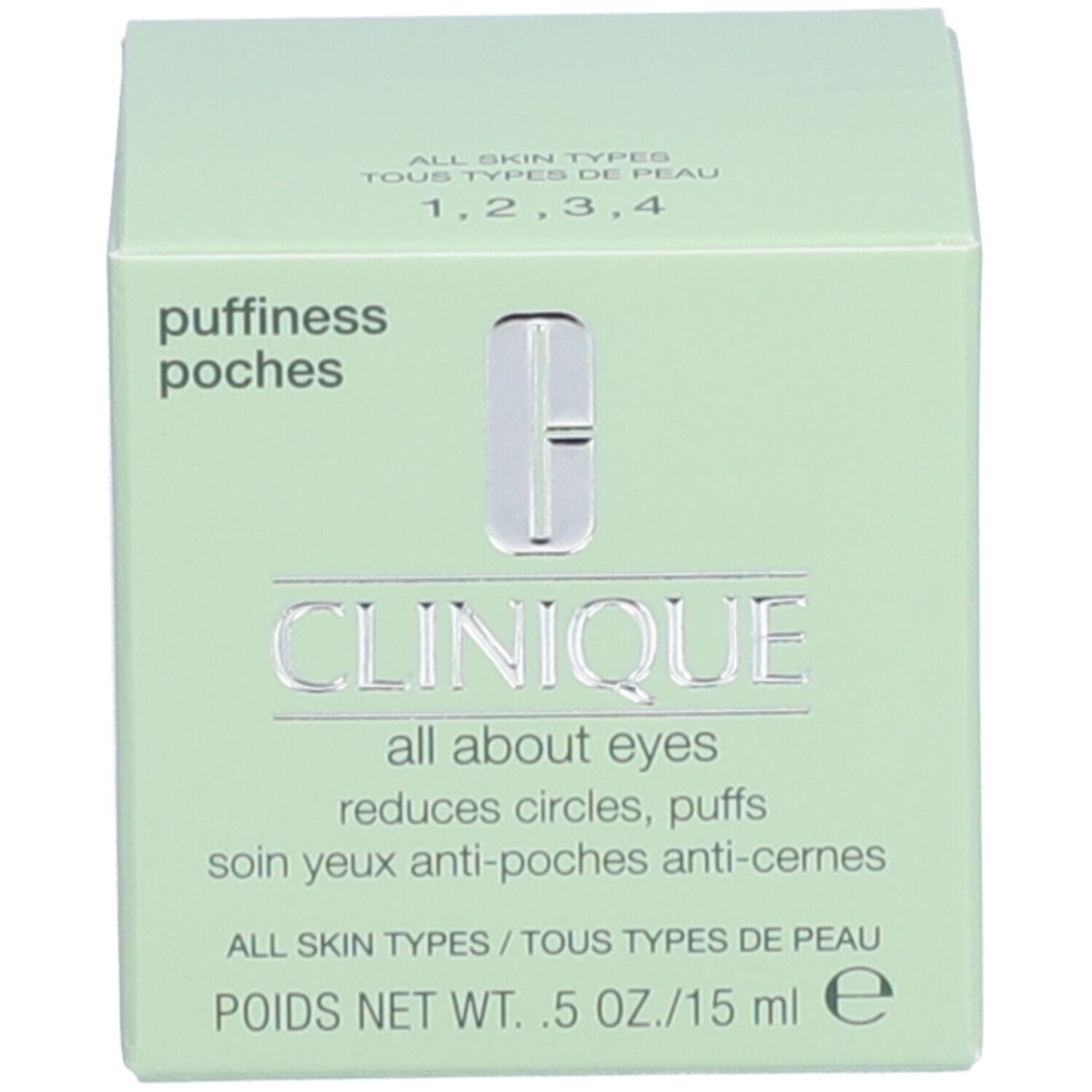 Grüne Schachtel. Aufschrift: CLINIQUE all about eyes. Reduziert Augenringe, Tränensäcke. 0,5 OZ./15 ml.