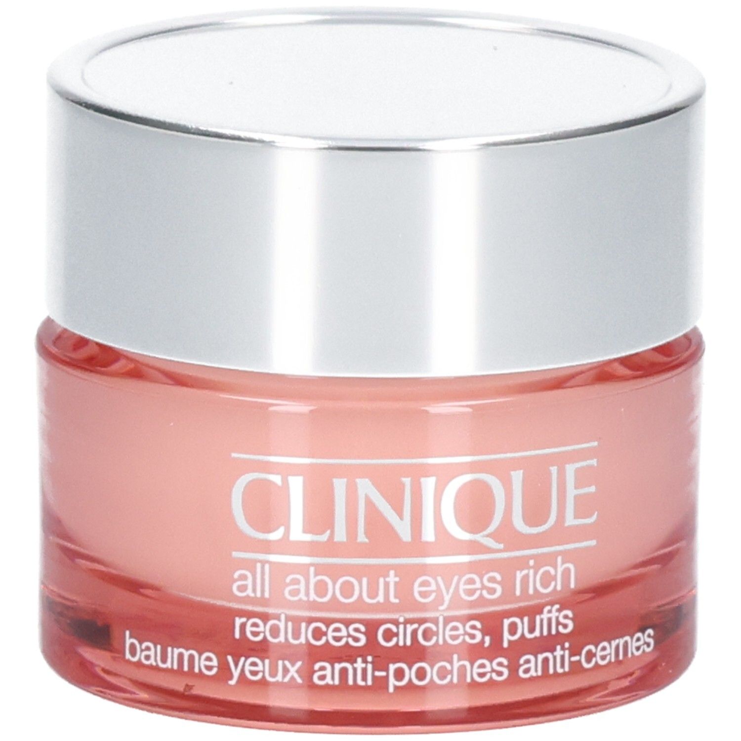 Clinique All About Eyes Rich Augencreme in einem rosafarbenen Glasbehälter mit silbernem Deckel.