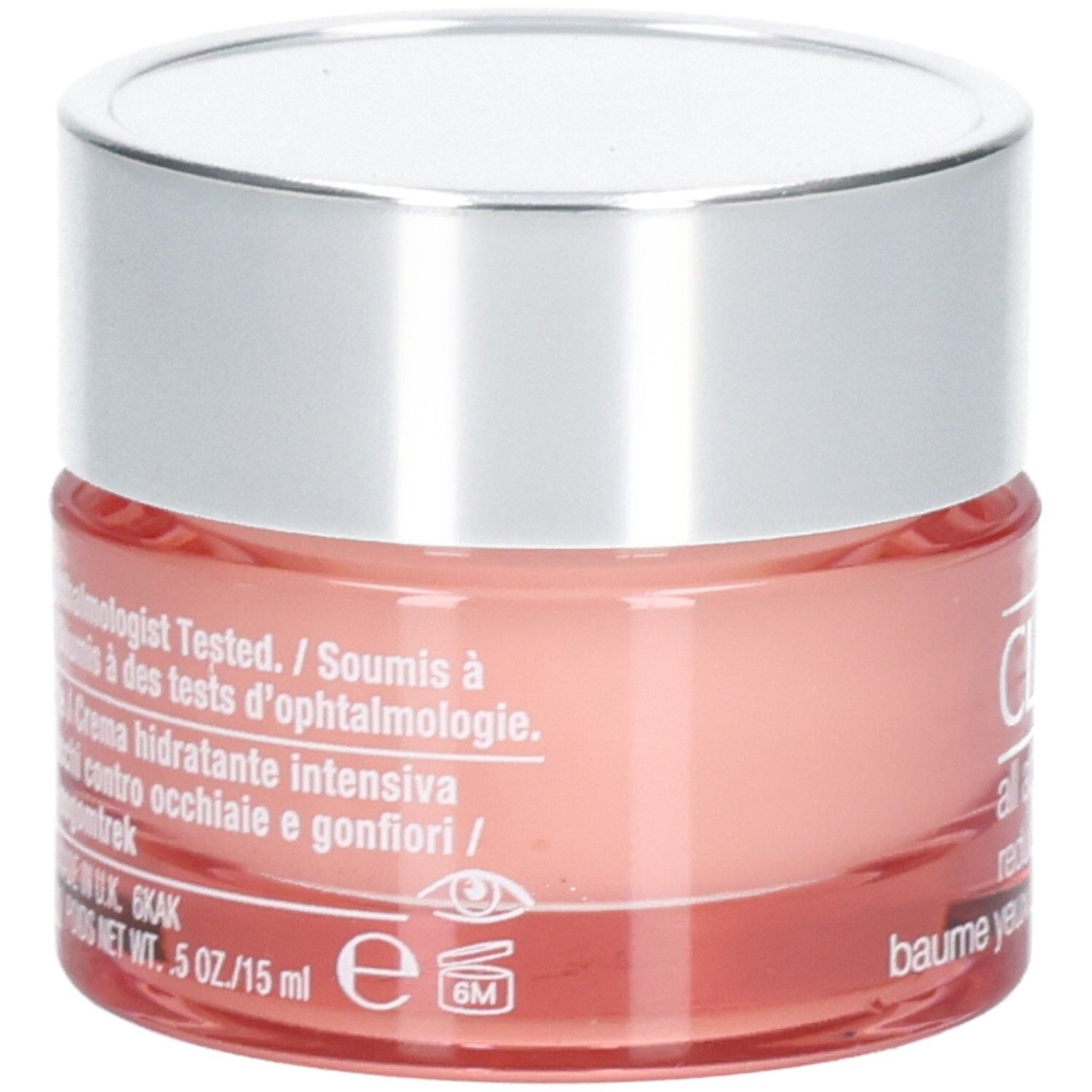 Rückseite der Clinique All About Eyes Rich Augencreme, mit Textangaben und Augen-Symbol.