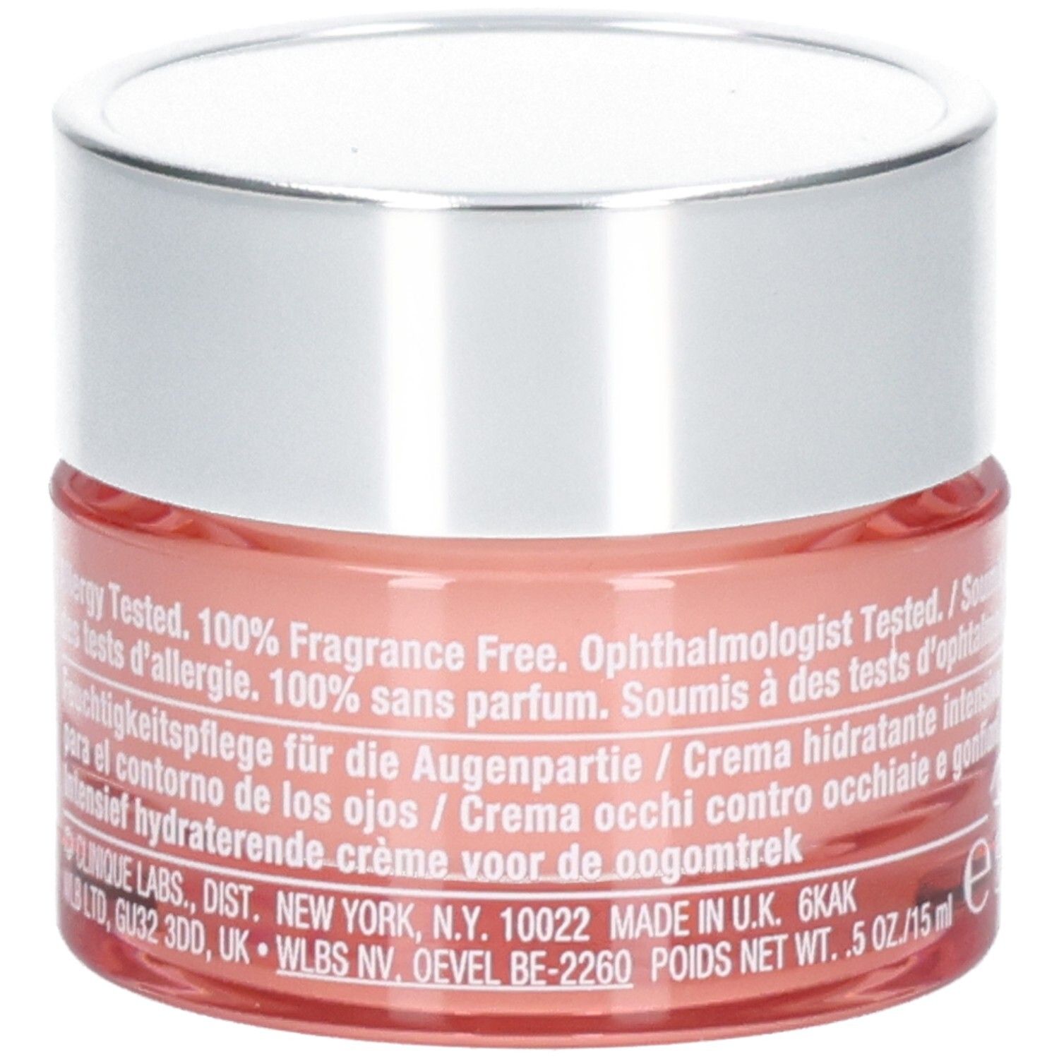 Seite der Clinique All About Eyes Rich Augencreme mit detaillierten Produktinformationen und Inhaltsstoffen.