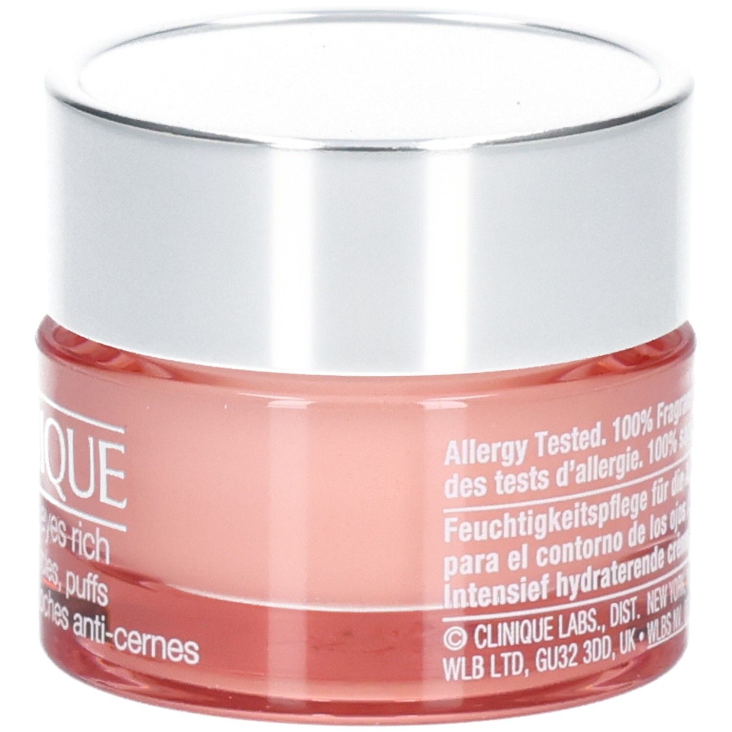 Seitenansicht der Clinique All About Eyes Rich Augencreme mit Textangaben zu Inhaltsstoffen und Anwendung.