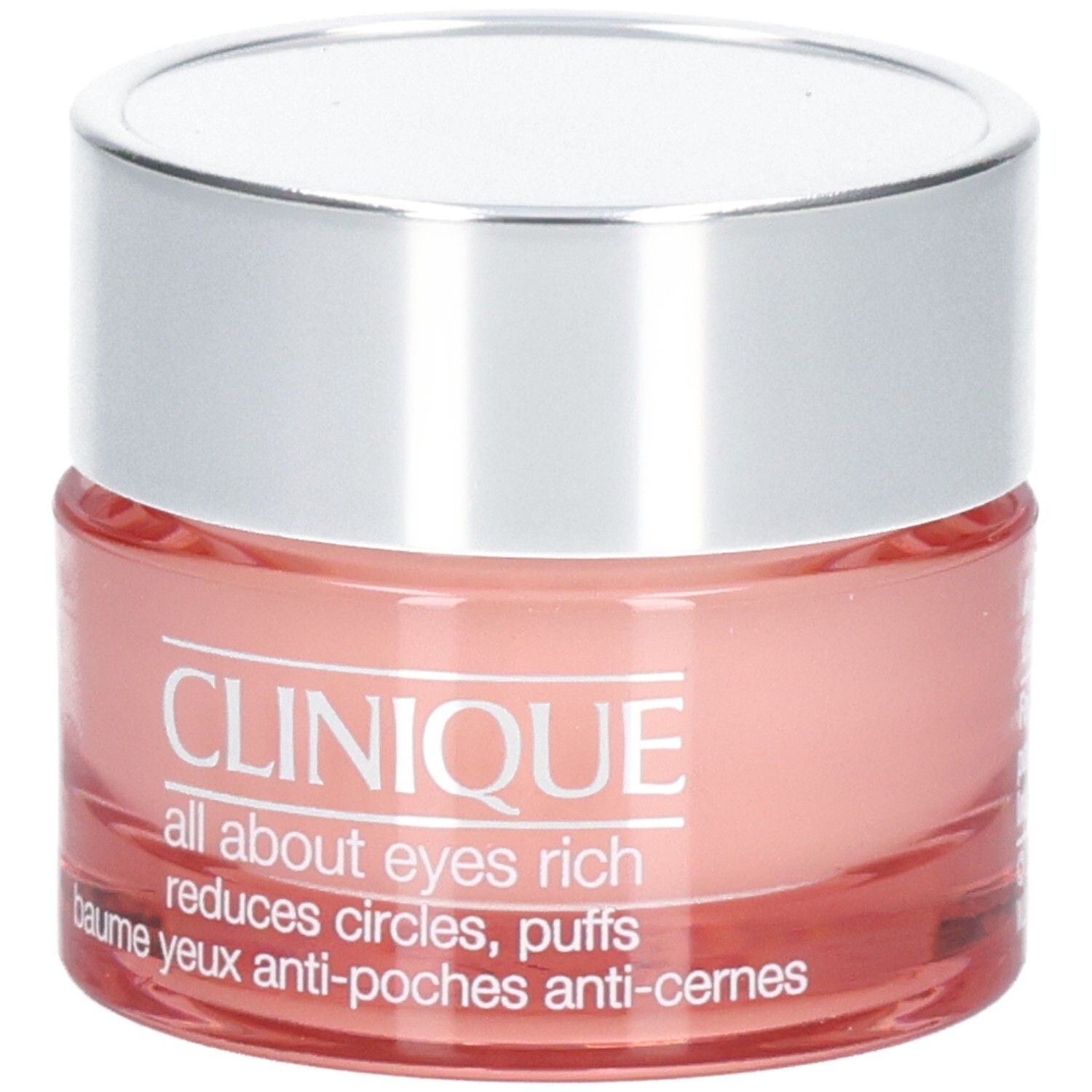 Clinique All About Eyes Rich Augencreme in einem rosafarbenen Glasbehälter mit silbernem Deckel.