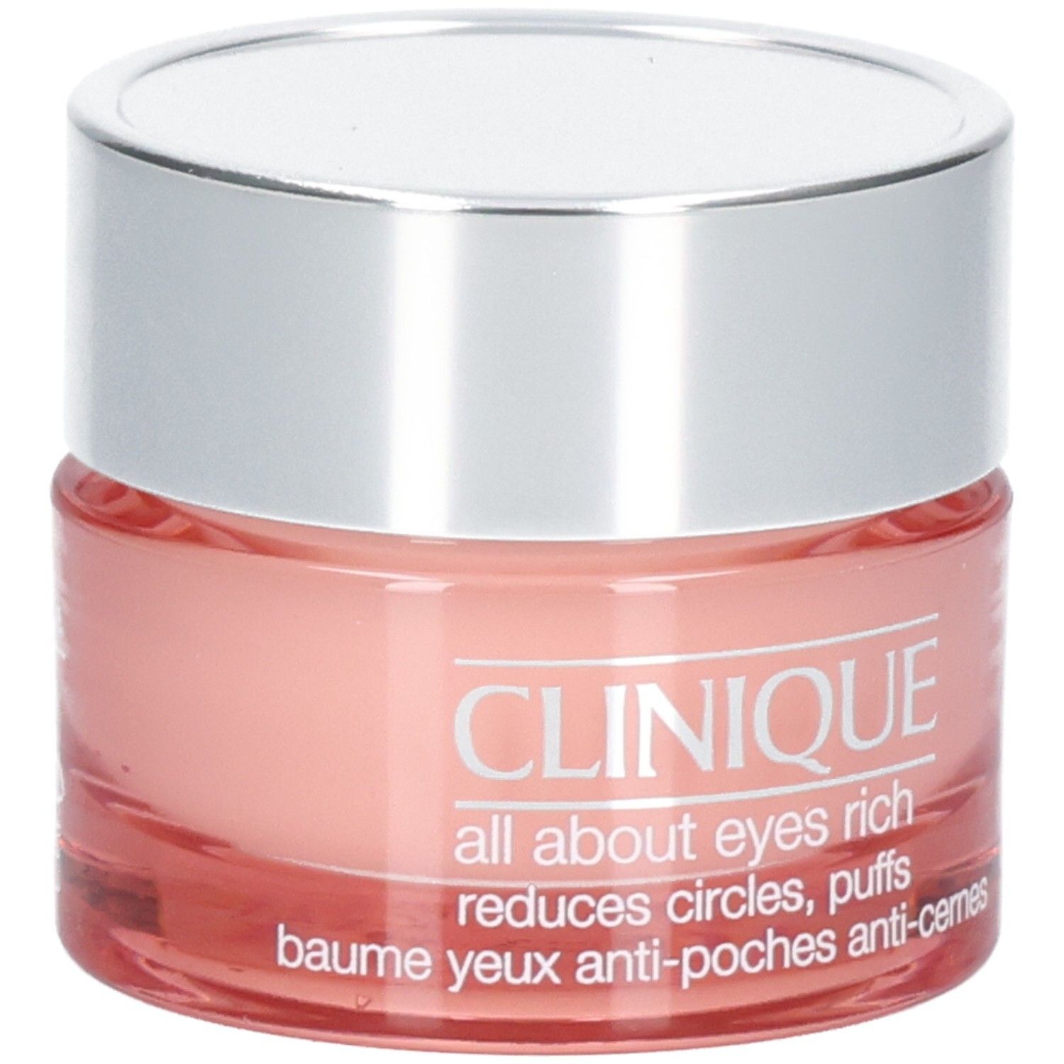 Clinique All About Eyes Rich Augencreme in einem rosafarbenen Glasbehälter mit silbernem Deckel.