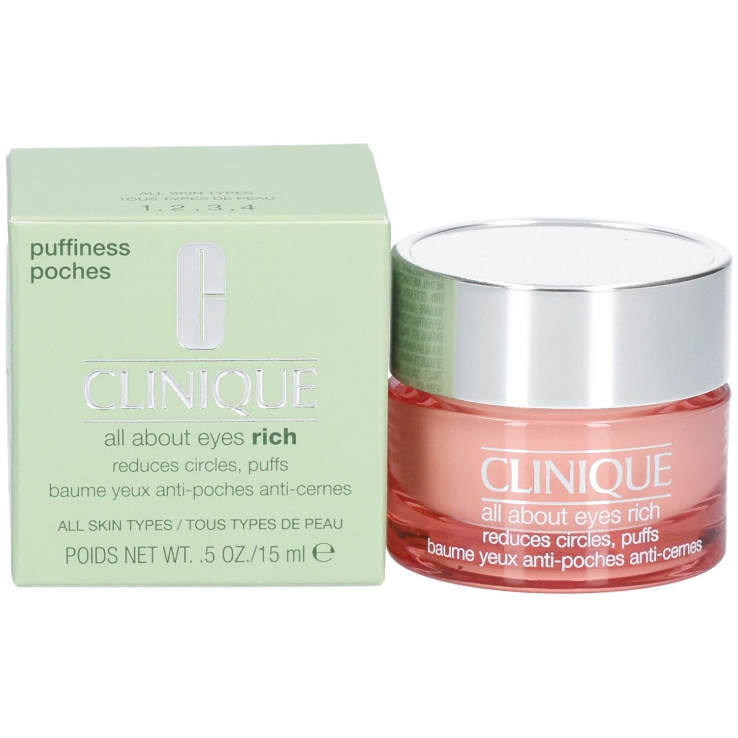 Clinique All About Eyes Rich Augencreme und ihre grüne Verpackungsbox, beide mit Produktinformationen.