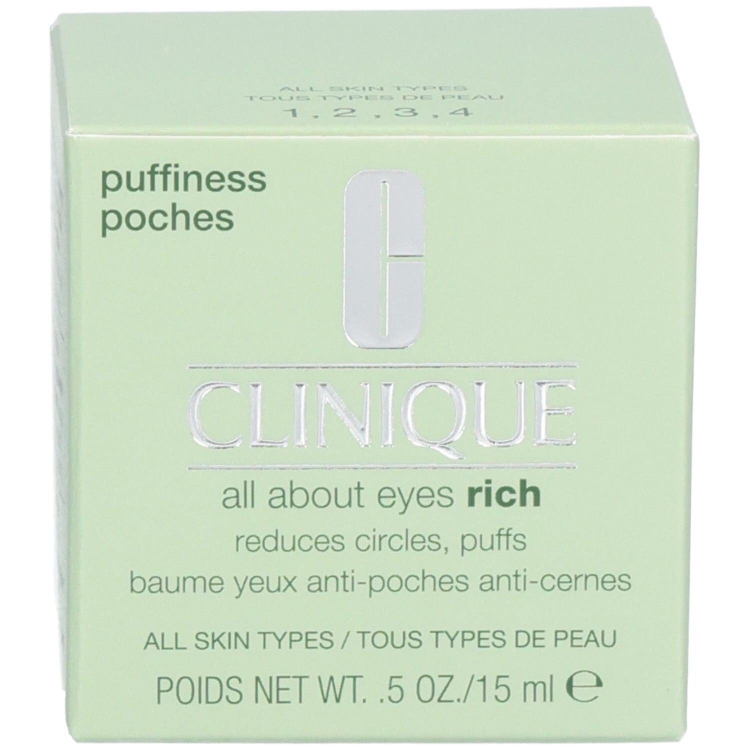 Grüne Verpackungsbox für Clinique All About Eyes Rich Augencreme mit Produktnamen und Nettofüllmenge.