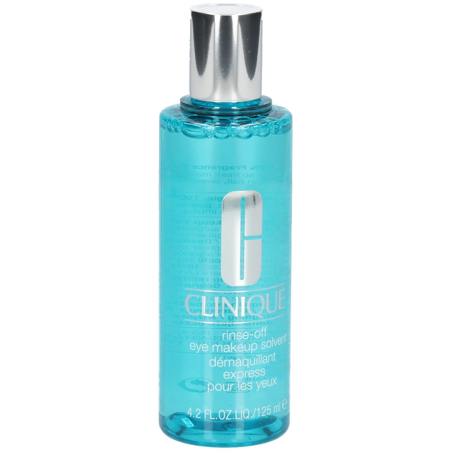 Clinique Augen Make-up Entferner, 125 ml, blaue Flüssigkeit in transparenter Flasche mit silbernem Verschluss.