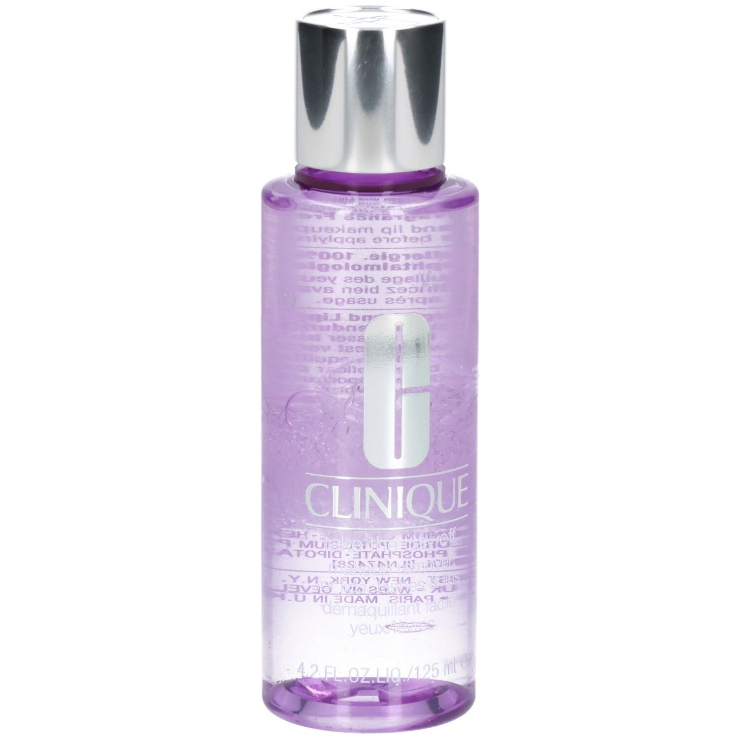 Clinique Make-up Entferner in transparenter Flasche mit silbernem Deckel.